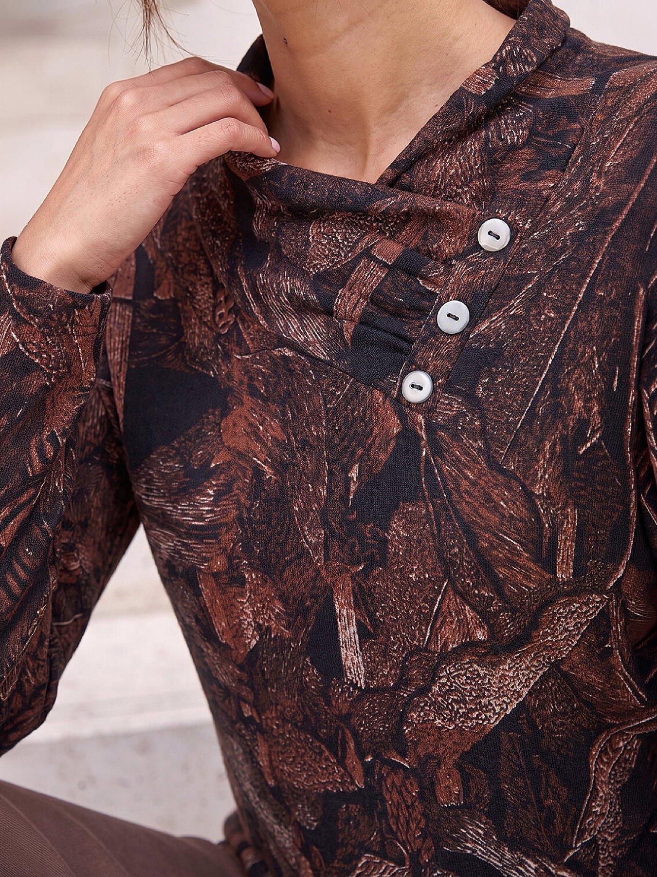 Image 2 of 4 of Roman Womens Wool-Touch Print Button Cowl Blouse - Orange