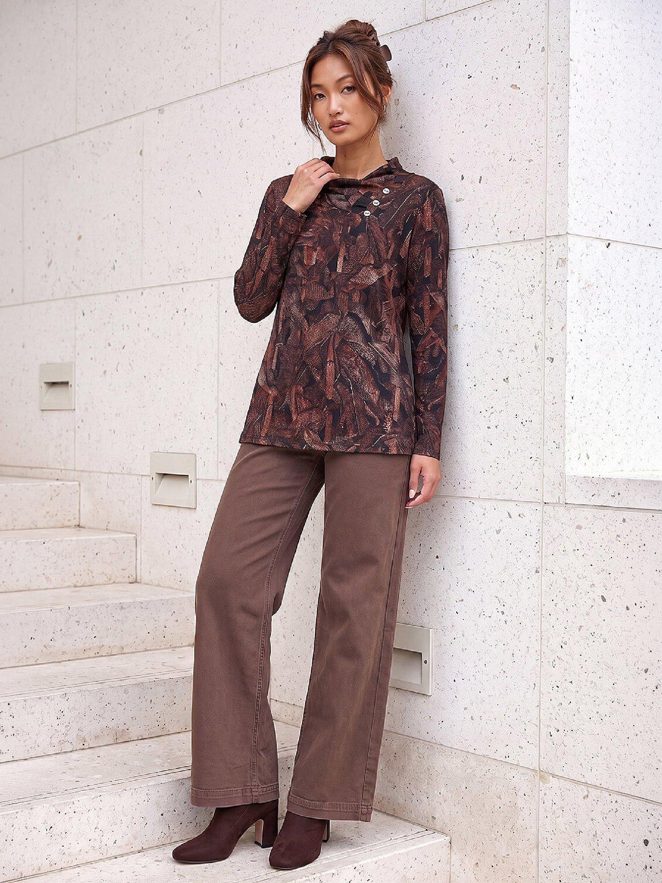 Image 3 of 4 of Roman Womens Wool-Touch Print Button Cowl Blouse - Orange