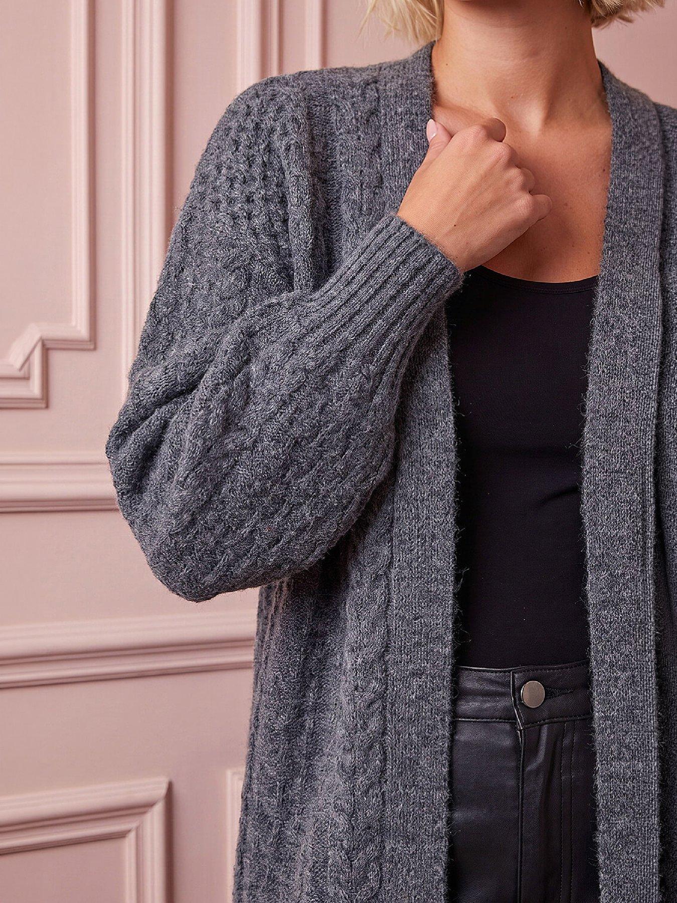 Image 2 of 4 of Roman Womens Longline Soft Touch Chunky Cable Cardigan - Grey