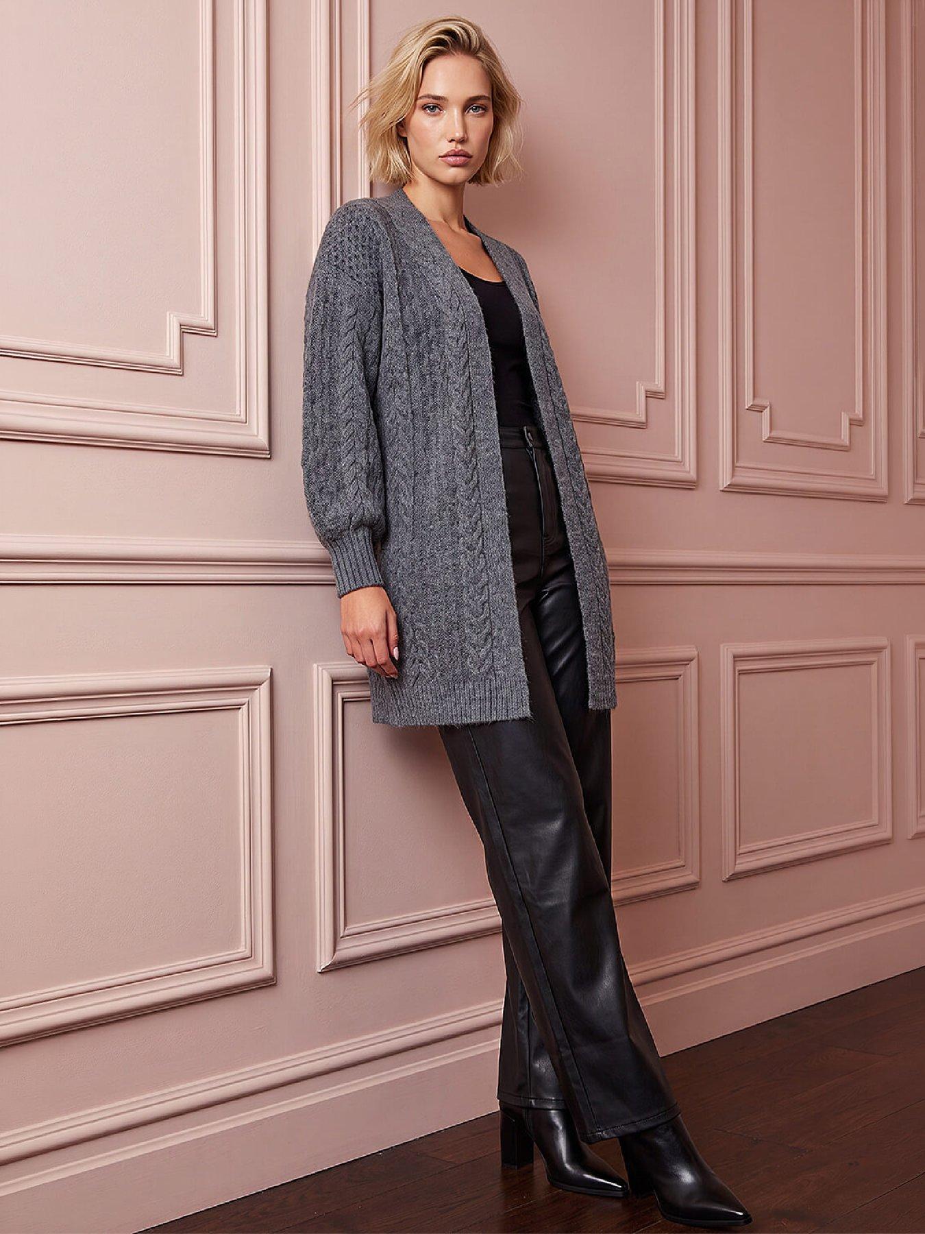 Image 4 of 4 of Roman Womens Longline Soft Touch Chunky Cable Cardigan - Grey