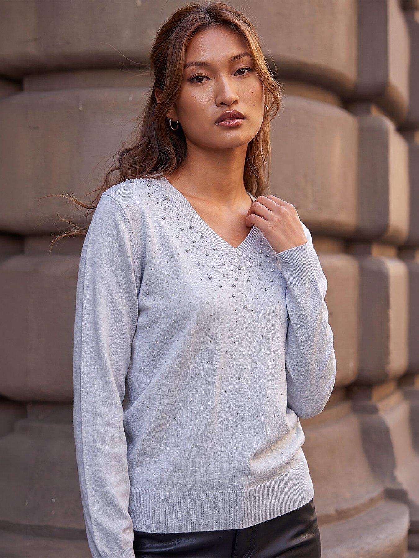 Image 1 of 3 of Roman Womens Pearly Hotfix Soft Touch V-Neck Jumper - Grey