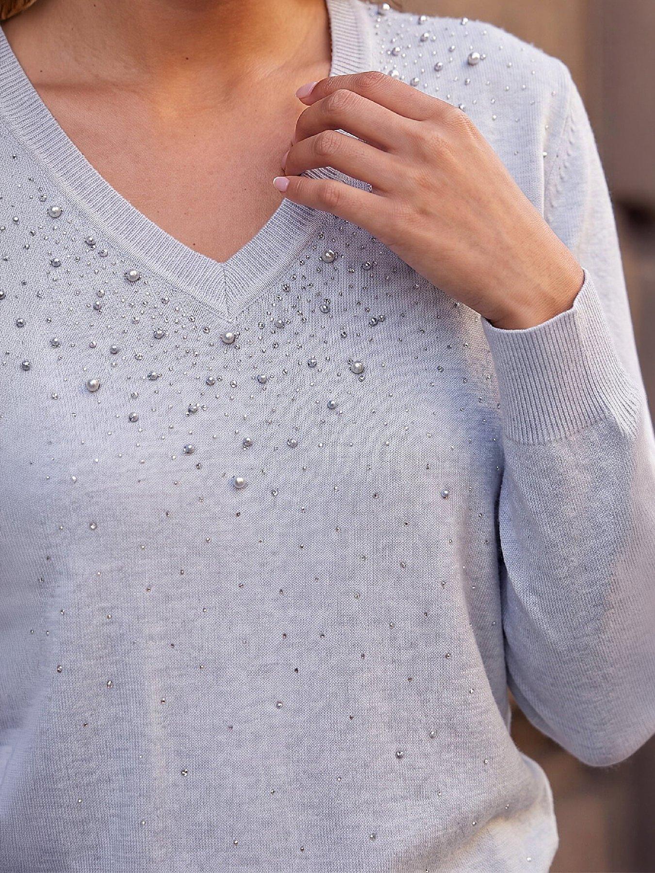 Image 2 of 3 of Roman Womens Pearly Hotfix Soft Touch V-Neck Jumper - Grey