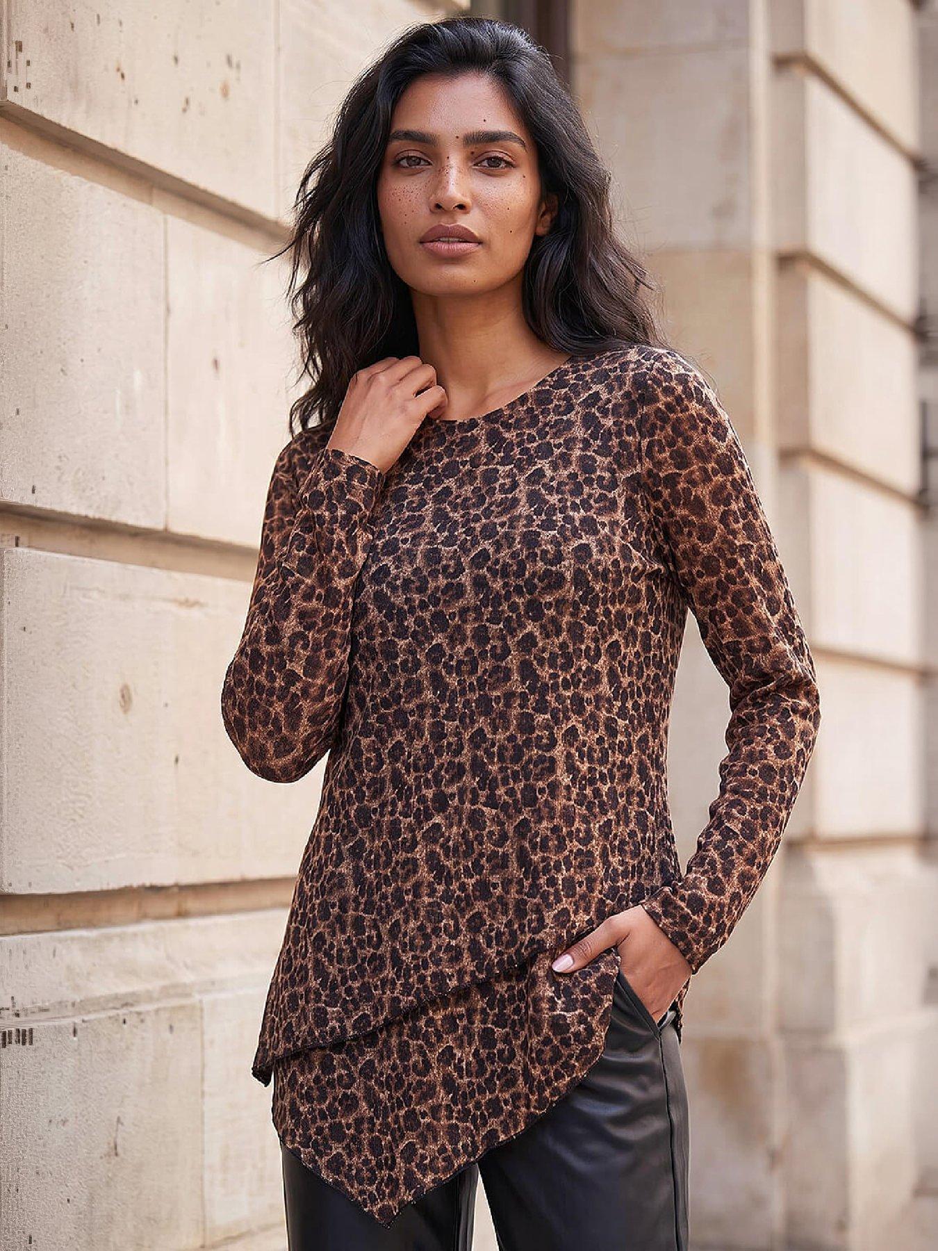 Image 1 of 4 of Roman Womens Lace Layered Hem Animal Print Top - Brown