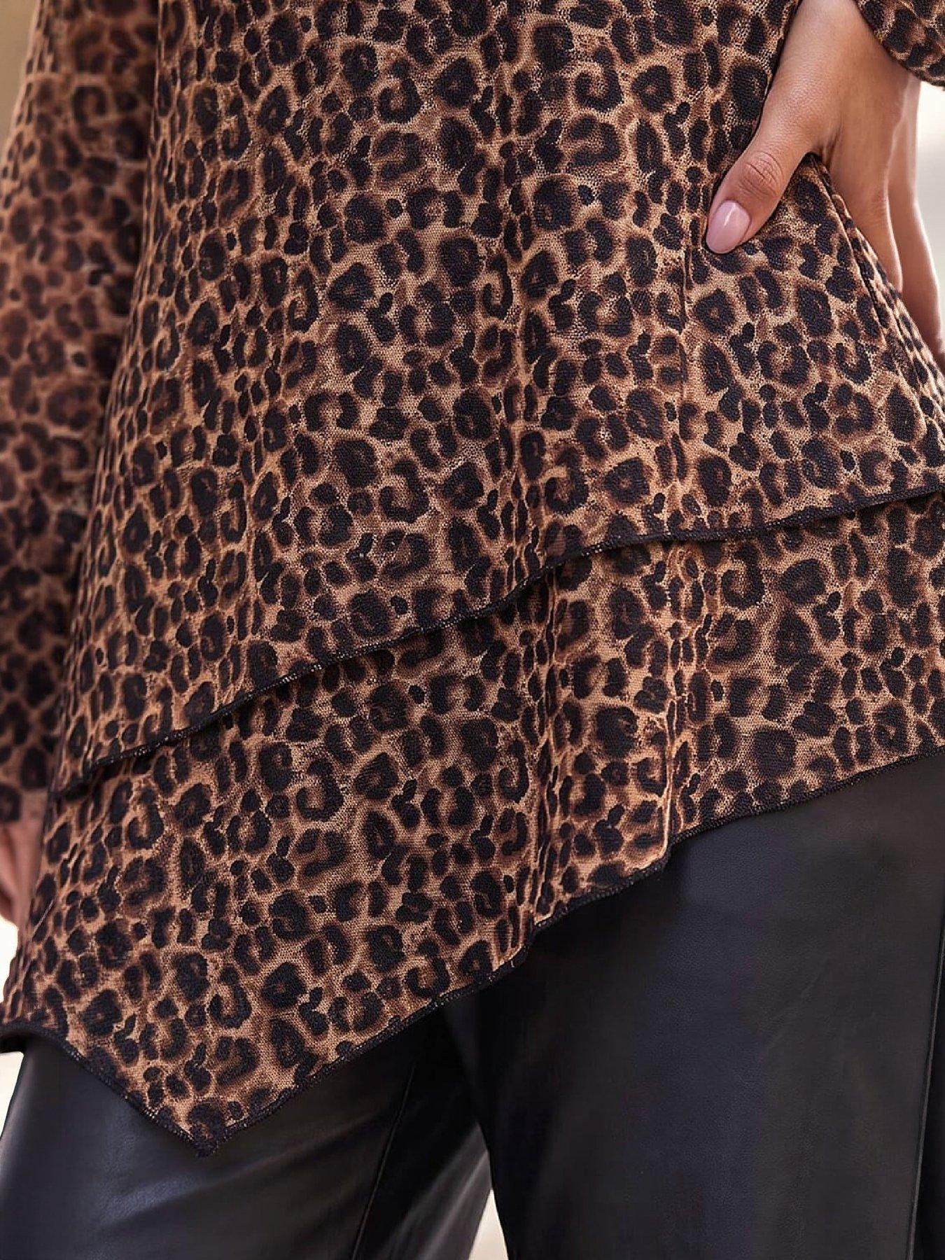 Image 2 of 4 of Roman Womens Lace Layered Hem Animal Print Top - Brown
