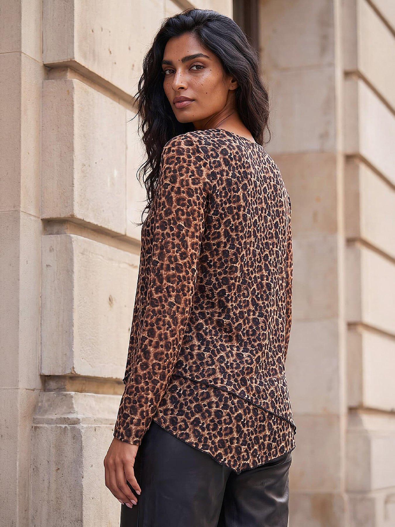 Image 3 of 4 of Roman Womens Lace Layered Hem Animal Print Top - Brown