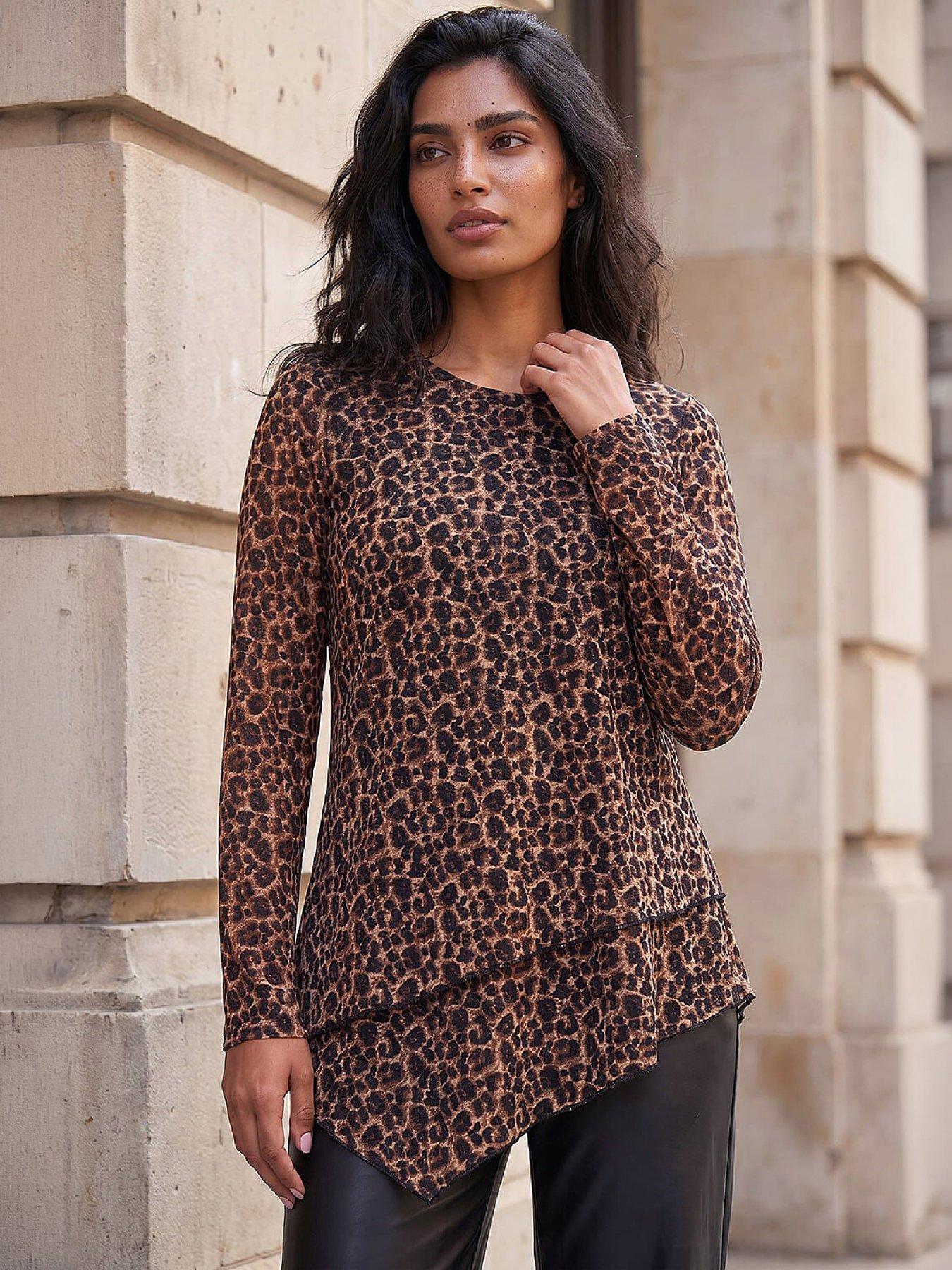 Image 4 of 4 of Roman Womens Lace Layered Hem Animal Print Top - Brown