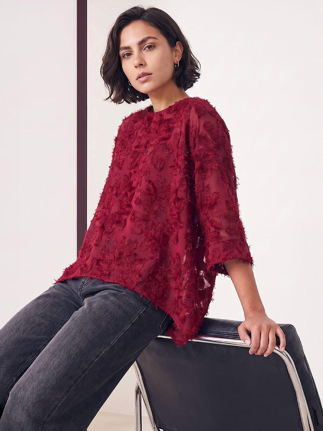 Roman Women's Wine Textured Floral Overlay Top In | : Size 14 - Image 2