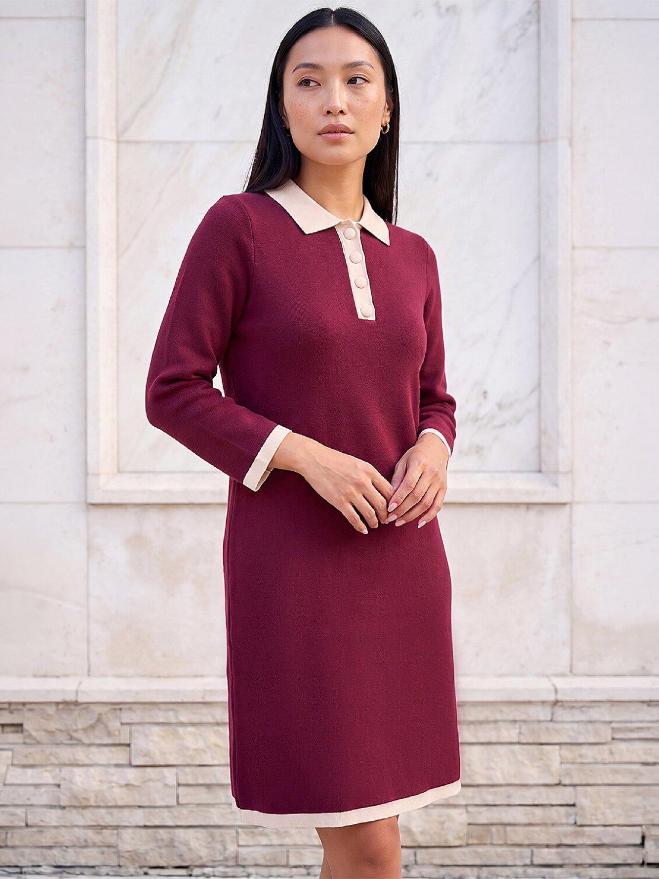 Roman Women's Wine Button Detail Knitted Dress In Size 16 - Image 6