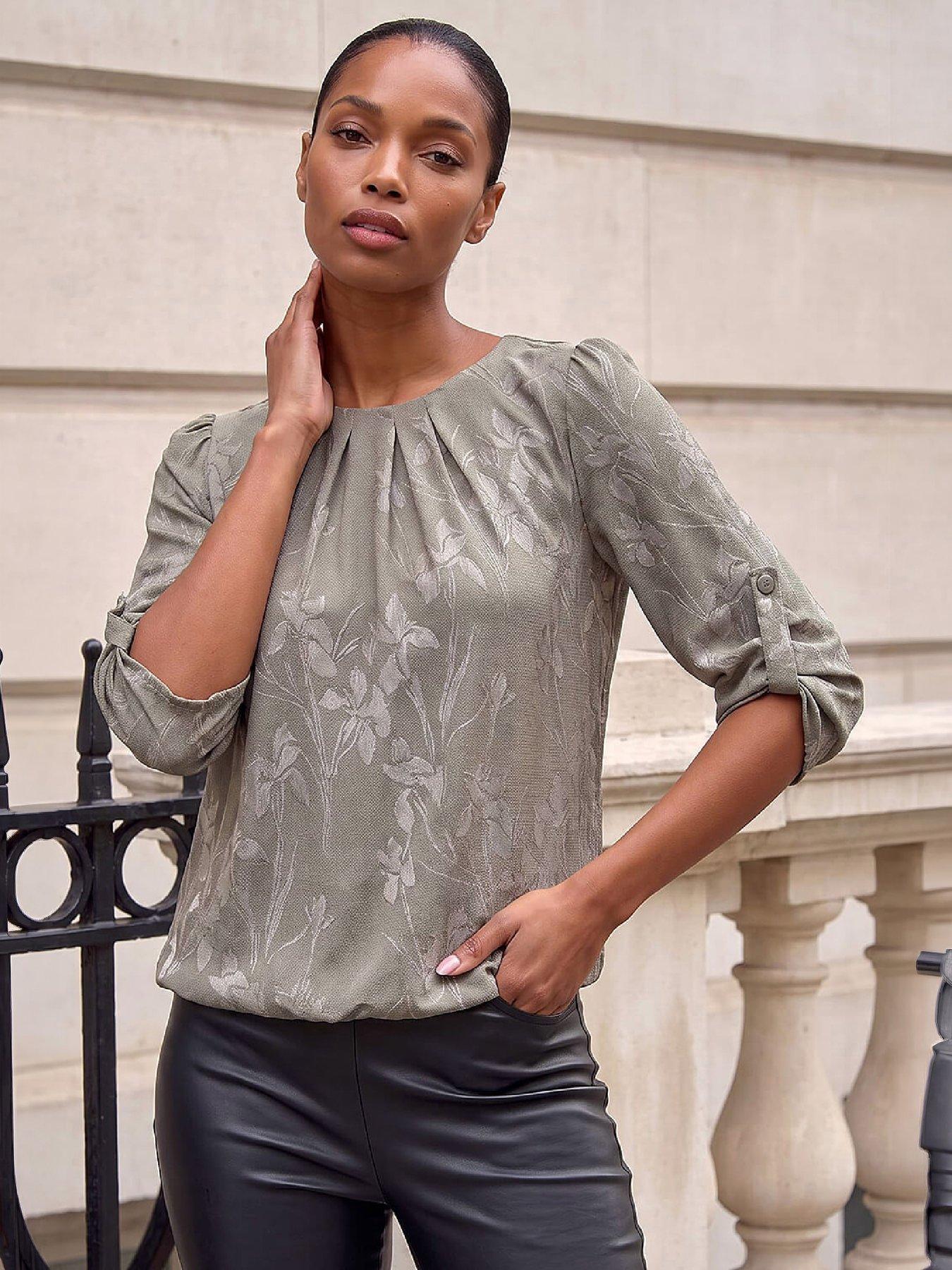 Image 1 of 4 of Roman Womens Jacquard Bubble Hem Blouse - Green