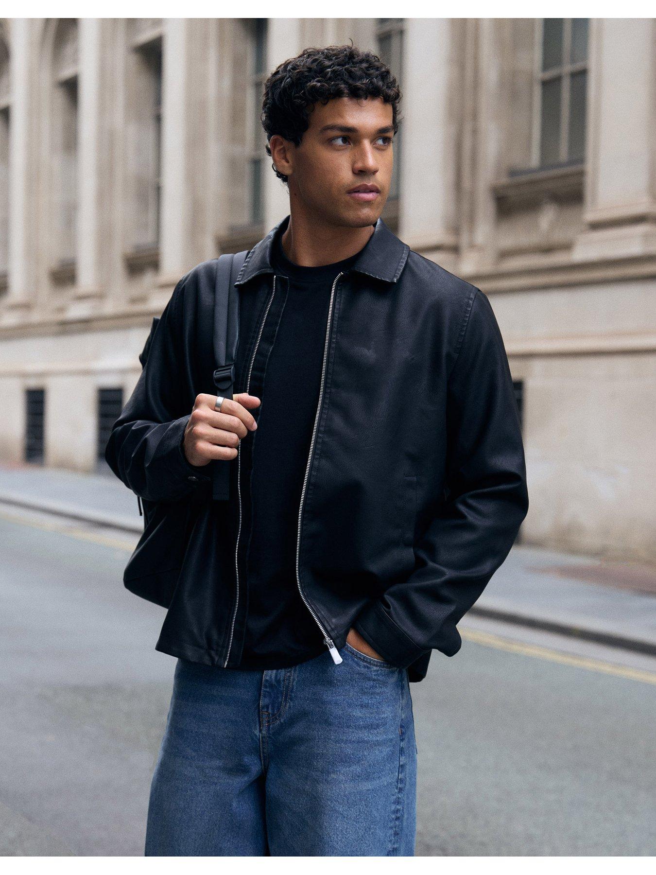 Image 1 of 7 of Threadbare Faux Leather Zip Up Collared Jacket In Black