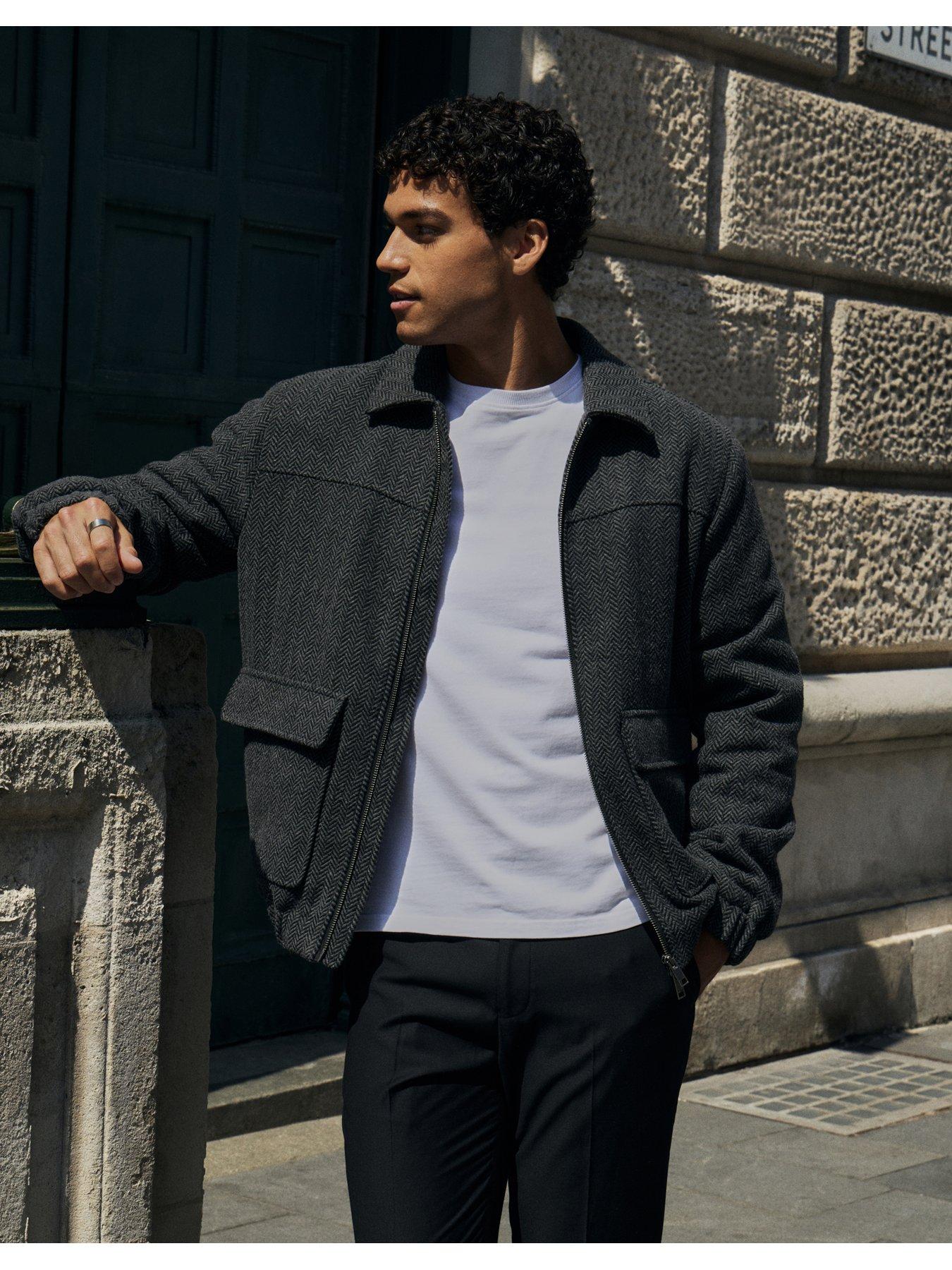 Image 1 of 6 of Threadbare Herringbone Faux Wool Collared Jacket In Slate Grey