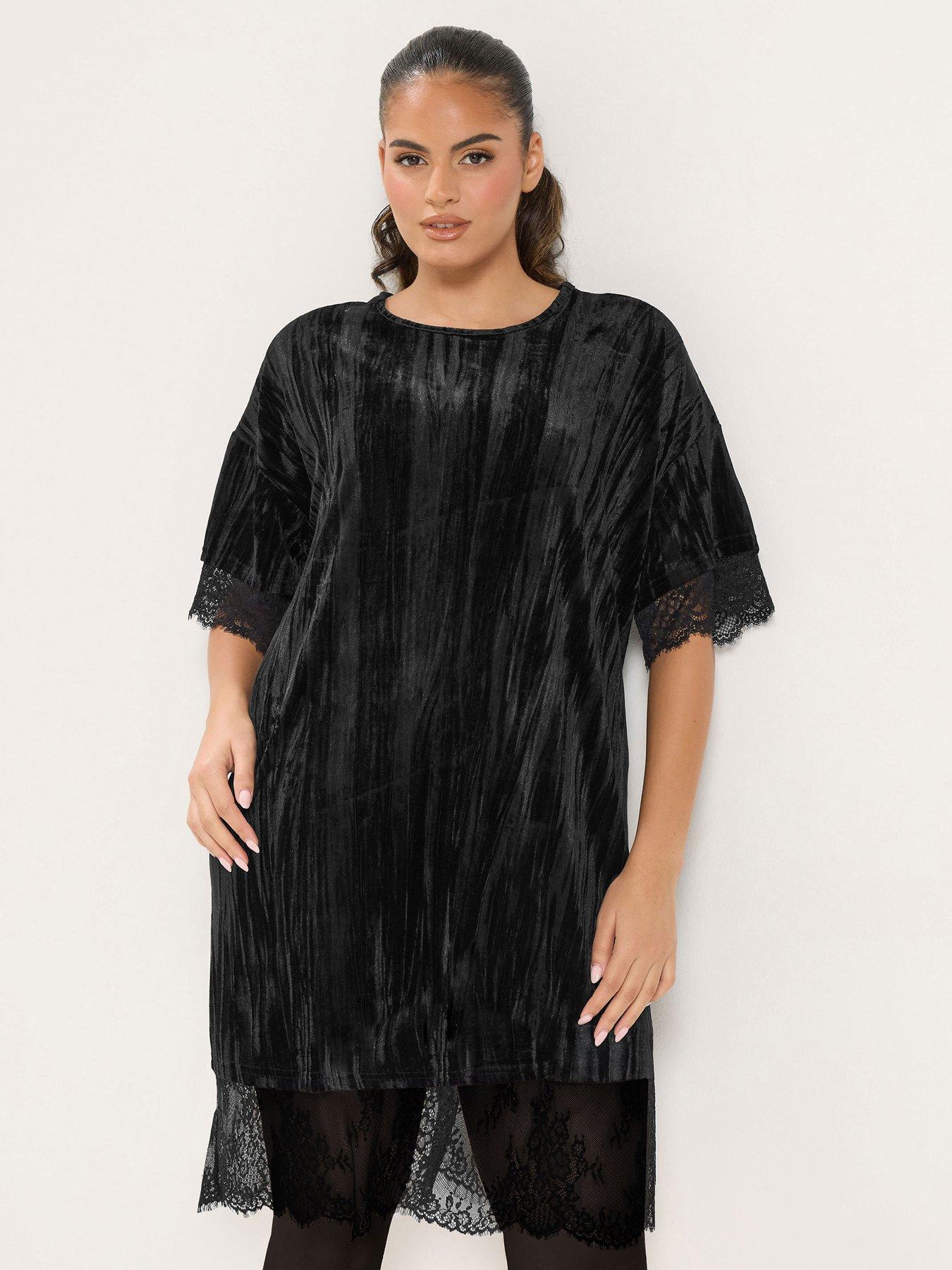 Image 1 of 4 of Yours Womens Curve Crushed Velvet Lace Trim Dress - Black