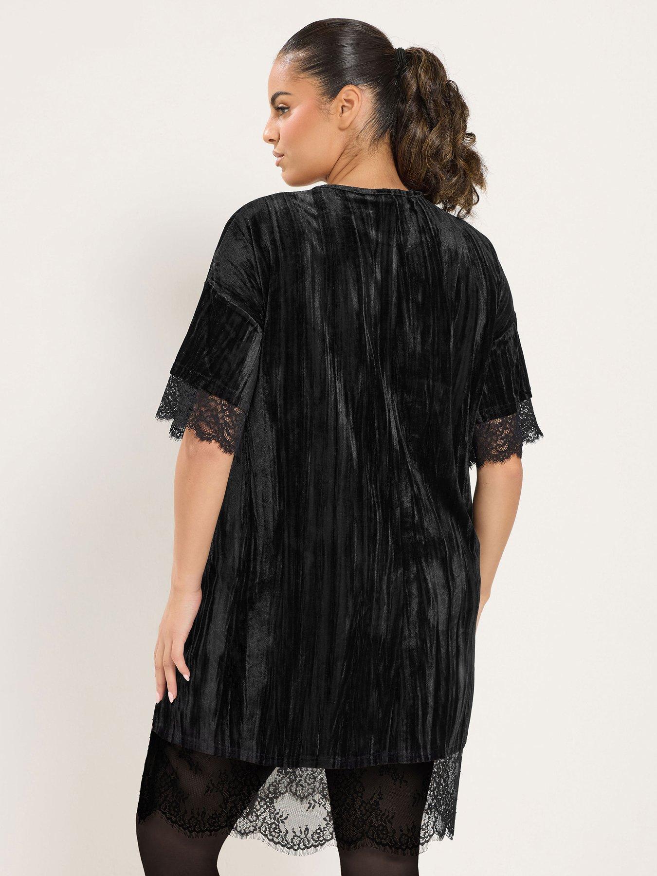 Image 2 of 4 of Yours Womens Curve Crushed Velvet Lace Trim Dress - Black