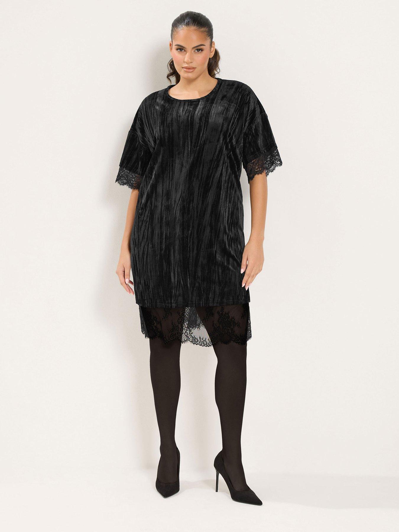 Image 3 of 4 of Yours Womens Curve Crushed Velvet Lace Trim Dress - Black