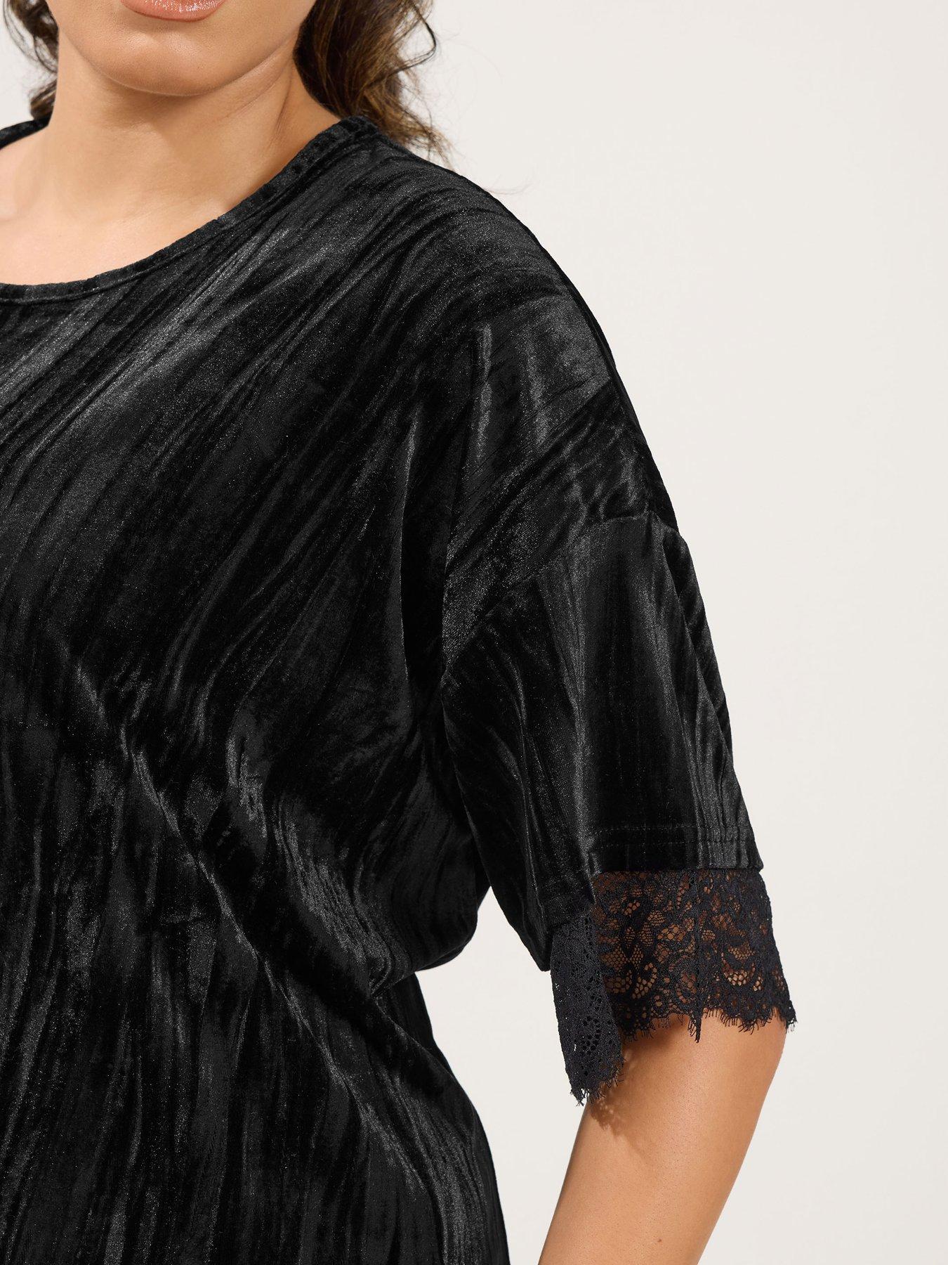 Image 4 of 4 of Yours Womens Curve Crushed Velvet Lace Trim Dress - Black