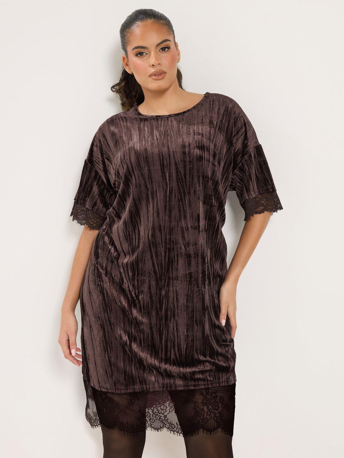 Image 1 of 4 of Yours Womens Curve Crushed Velvet Lace Trim Dress - Chocolate