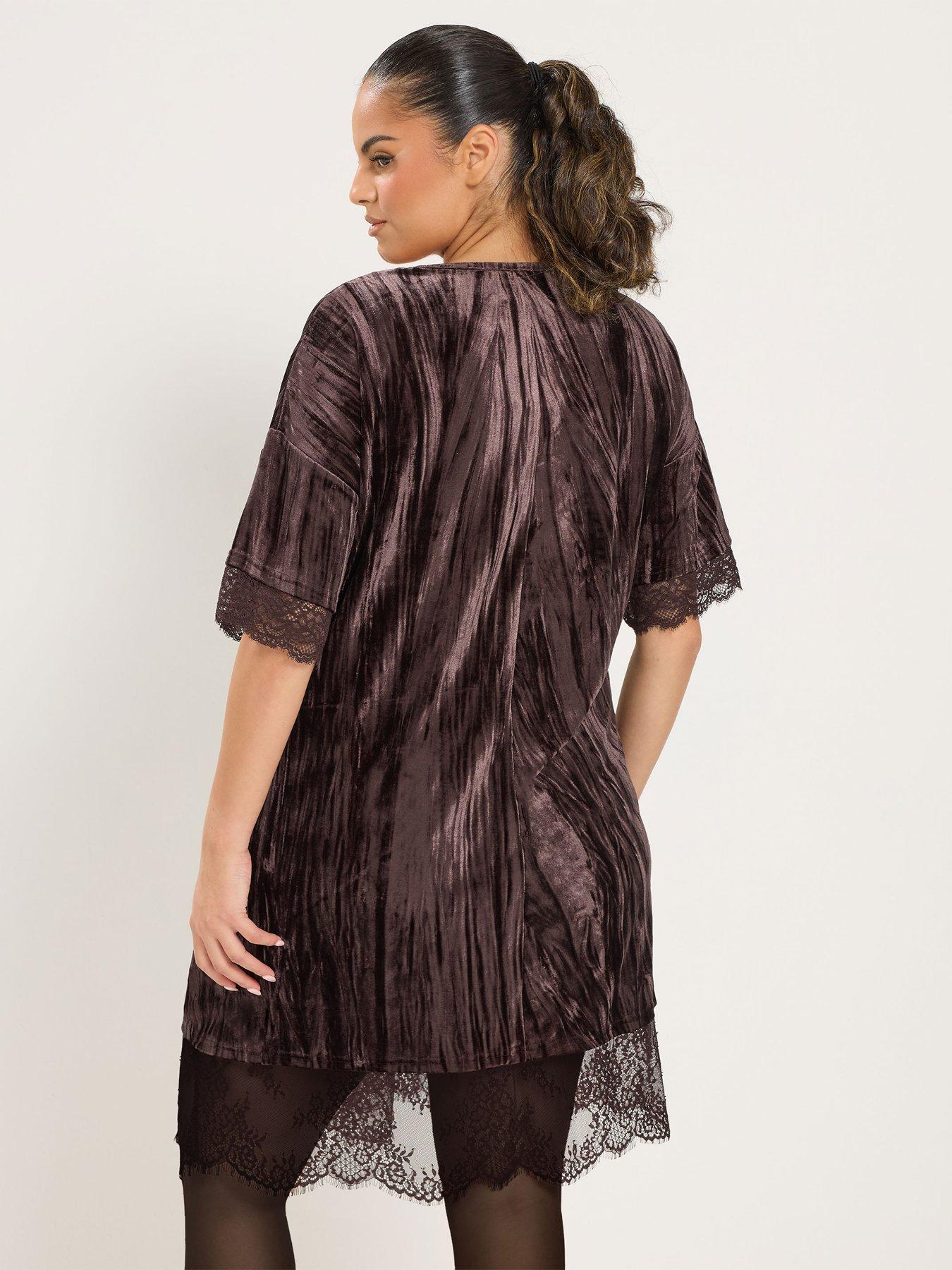 Image 2 of 4 of Yours Womens Curve Crushed Velvet Lace Trim Dress - Chocolate