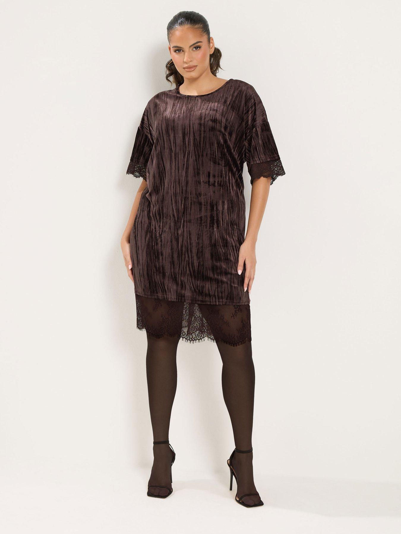 Image 3 of 4 of Yours Womens Curve Crushed Velvet Lace Trim Dress - Chocolate