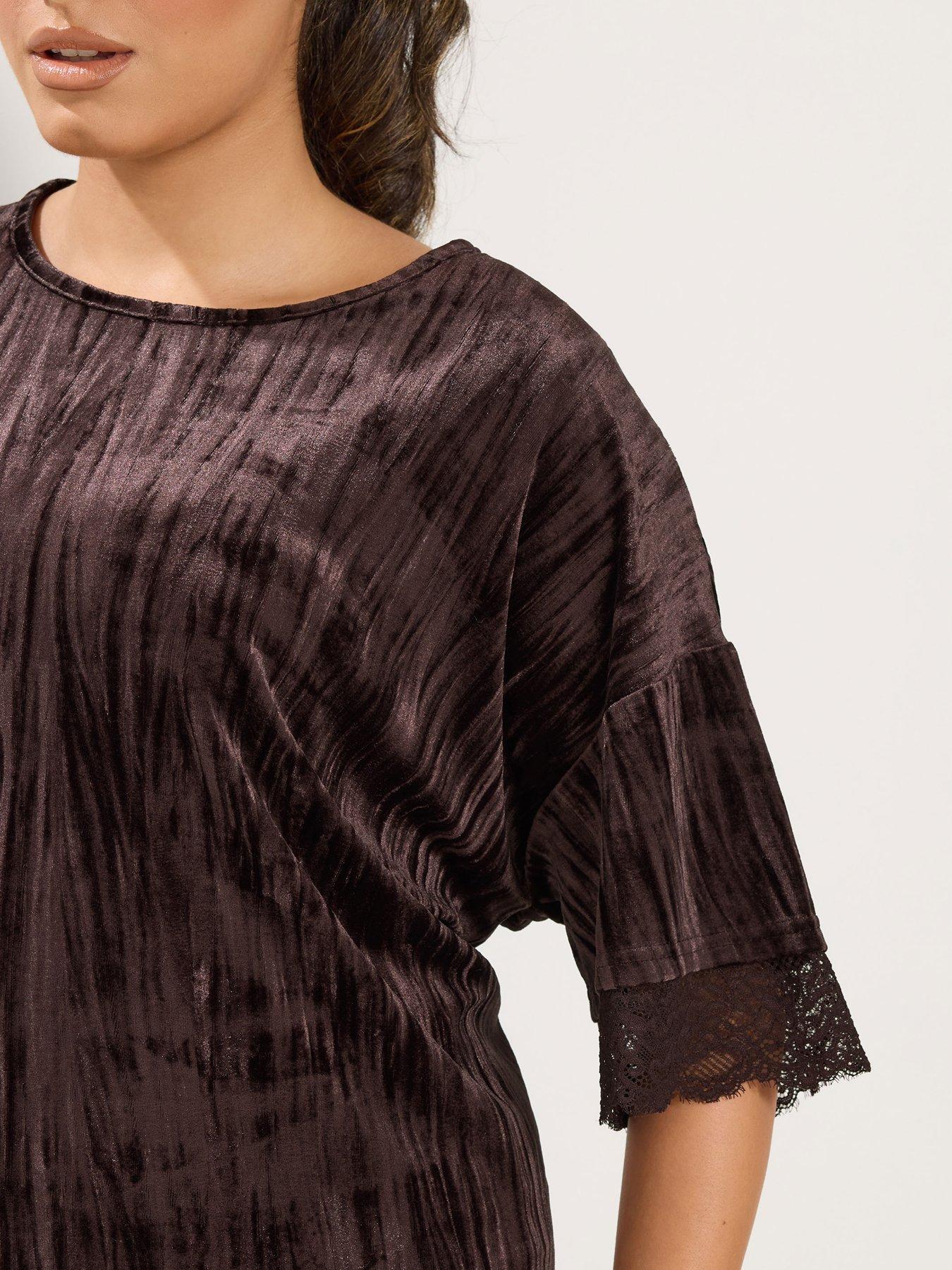 Image 4 of 4 of Yours Womens Curve Crushed Velvet Lace Trim Dress - Chocolate