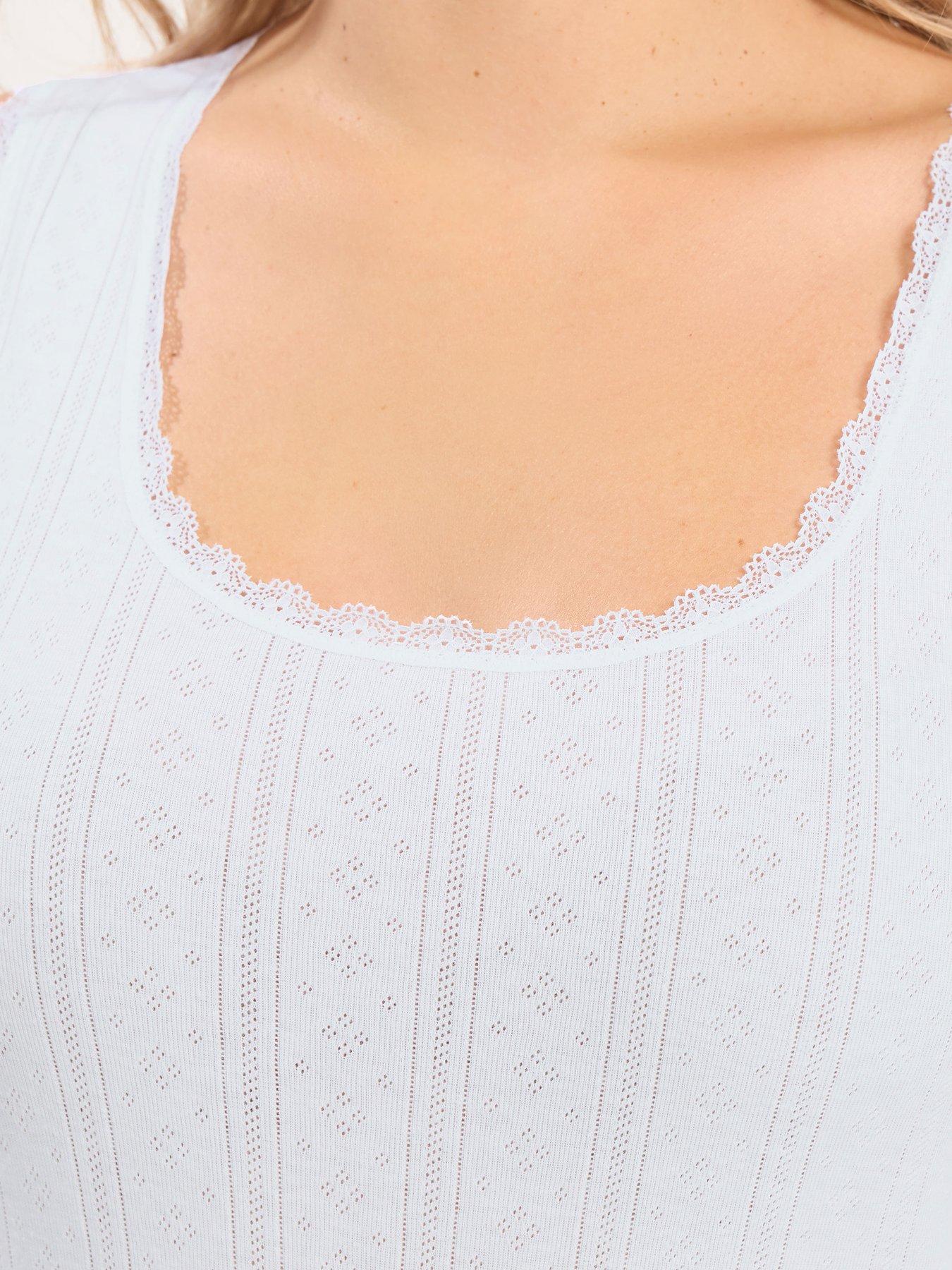 Image 4 of 4 of Yours Womens Curve Thermal Pointelle Lace Trim Vest - White