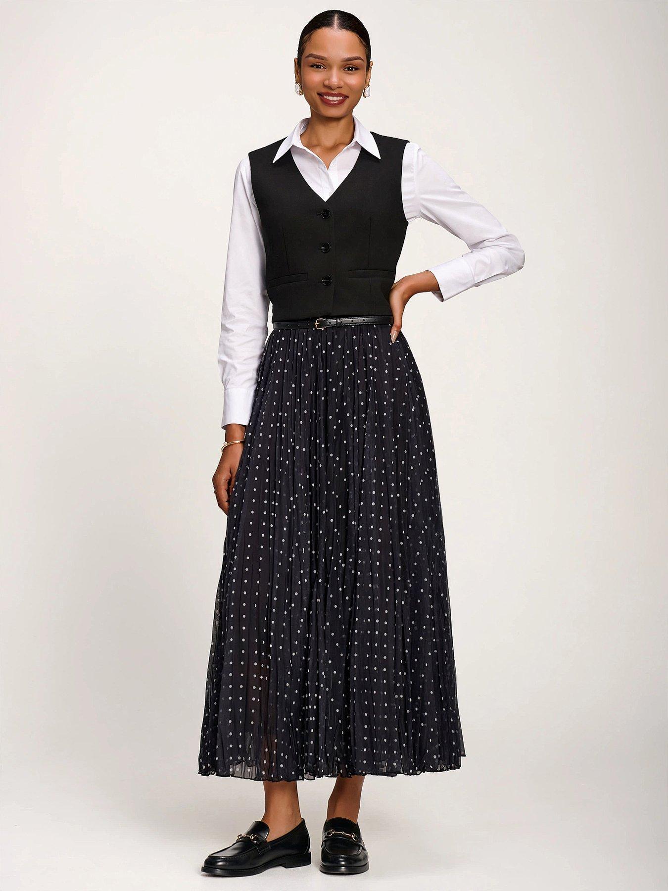 Image 1 of 6 of Jolie Moi Womens Spotty Crinkle Mesh Pleated Maxi Skirt - Black