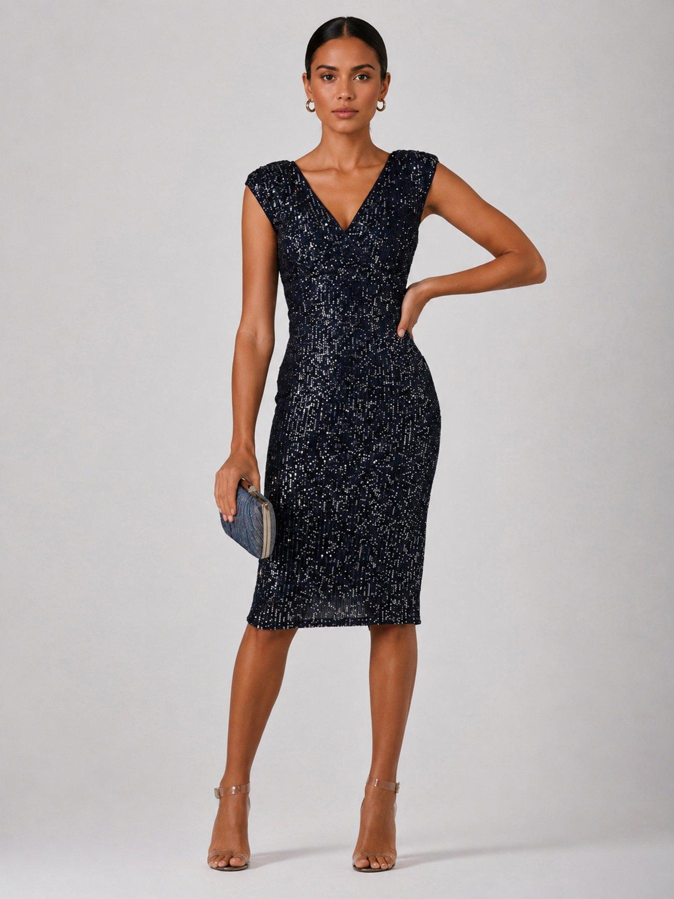 Image 1 of 6 of Jolie Moi Wrap Bodice Sequin Midi Dress