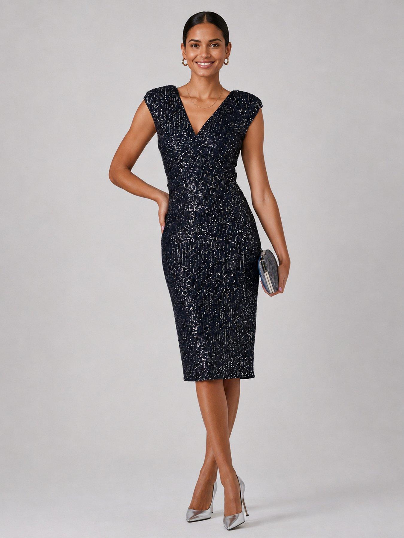 Image 5 of 6 of Jolie Moi Wrap Bodice Sequin Midi Dress