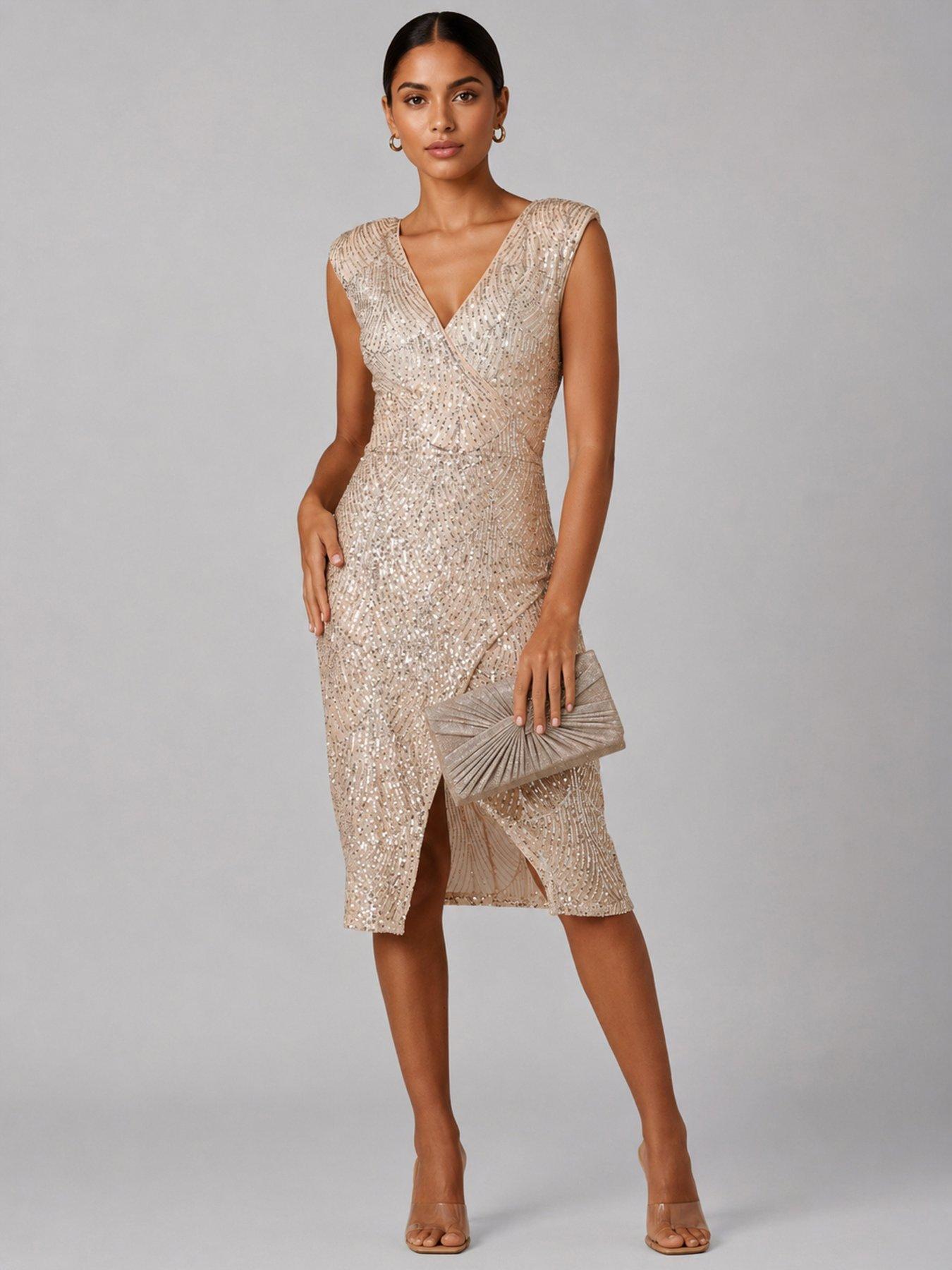 Image 1 of 6 of Jolie Moi Demi Sequin Wrap Slit Bodycon Dress