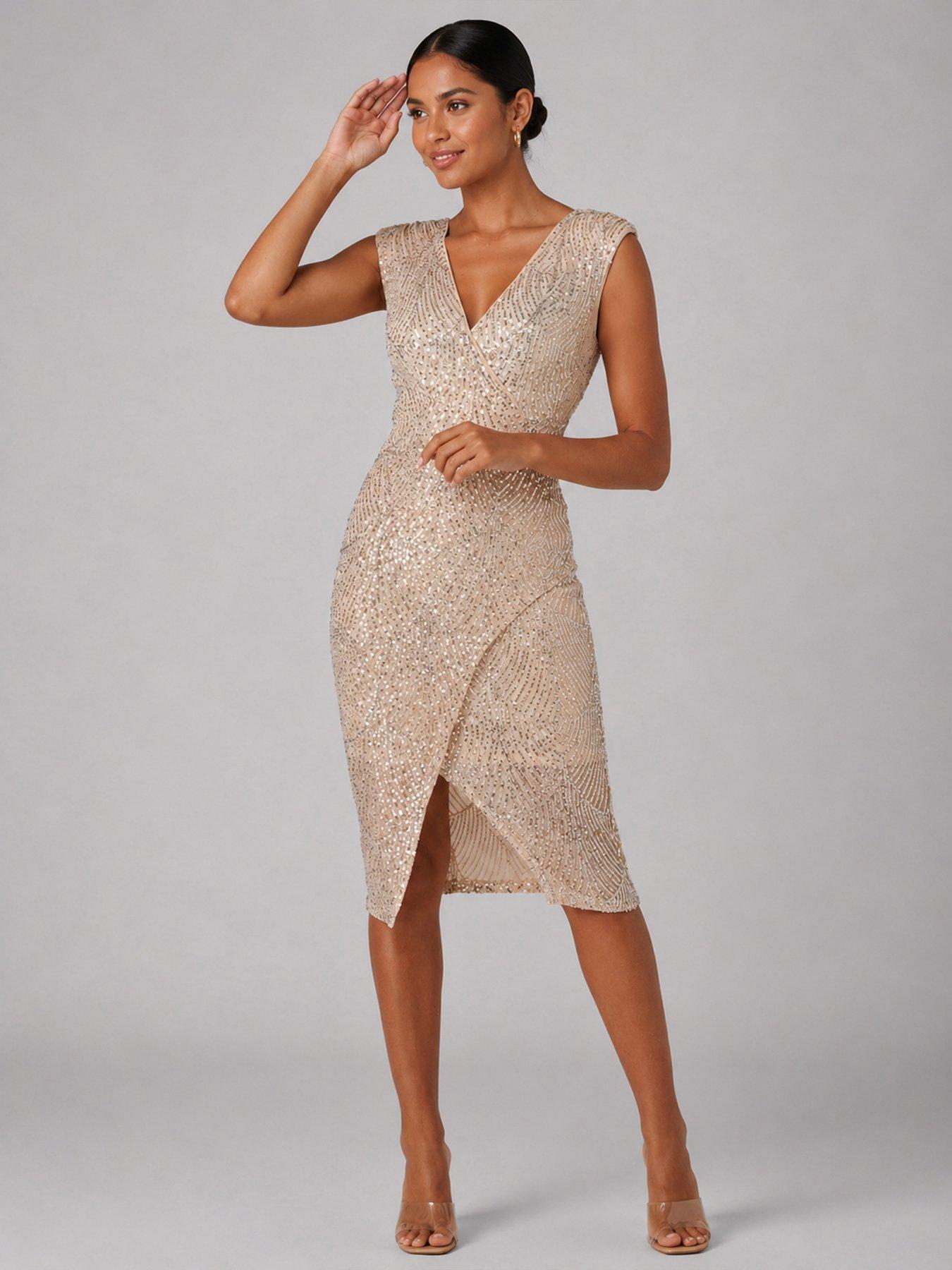 Image 5 of 6 of Jolie Moi Demi Sequin Wrap Slit Bodycon Dress