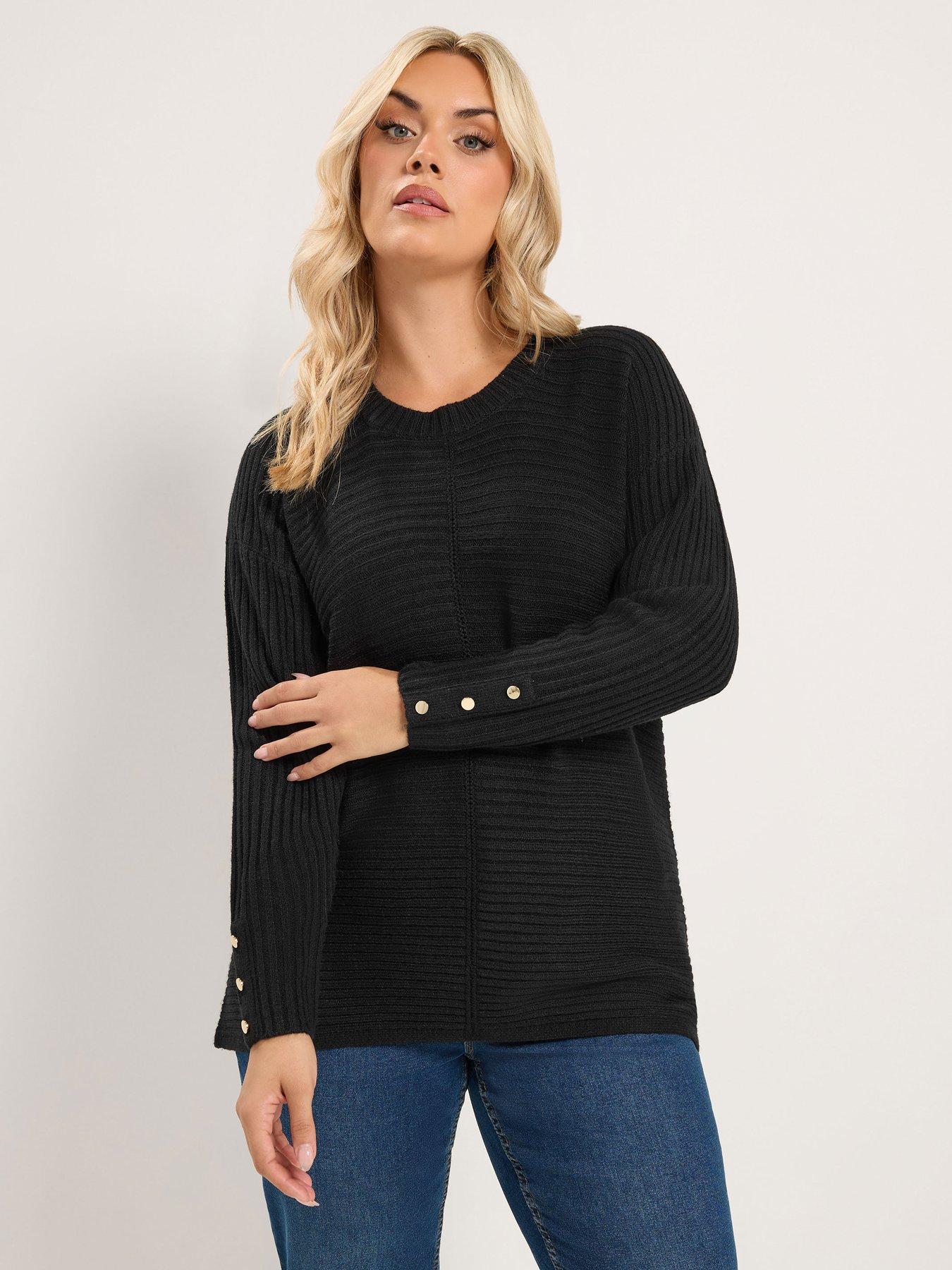 Image 1 of 4 of Yours Womens Curve Rib Knit Button Cuff Longline Jumper - Black