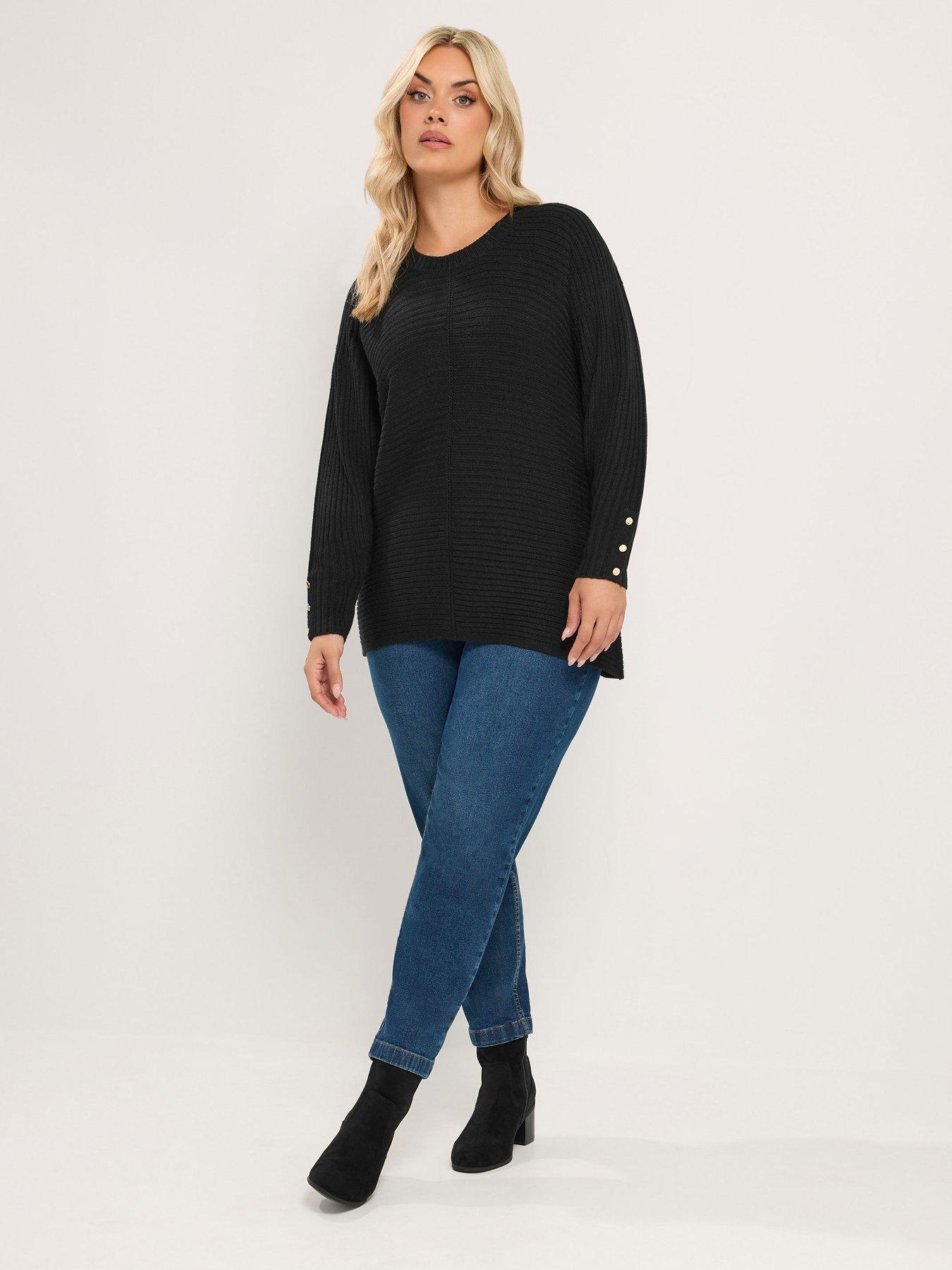 Image 3 of 4 of Yours Womens Curve Rib Knit Button Cuff Longline Jumper - Black