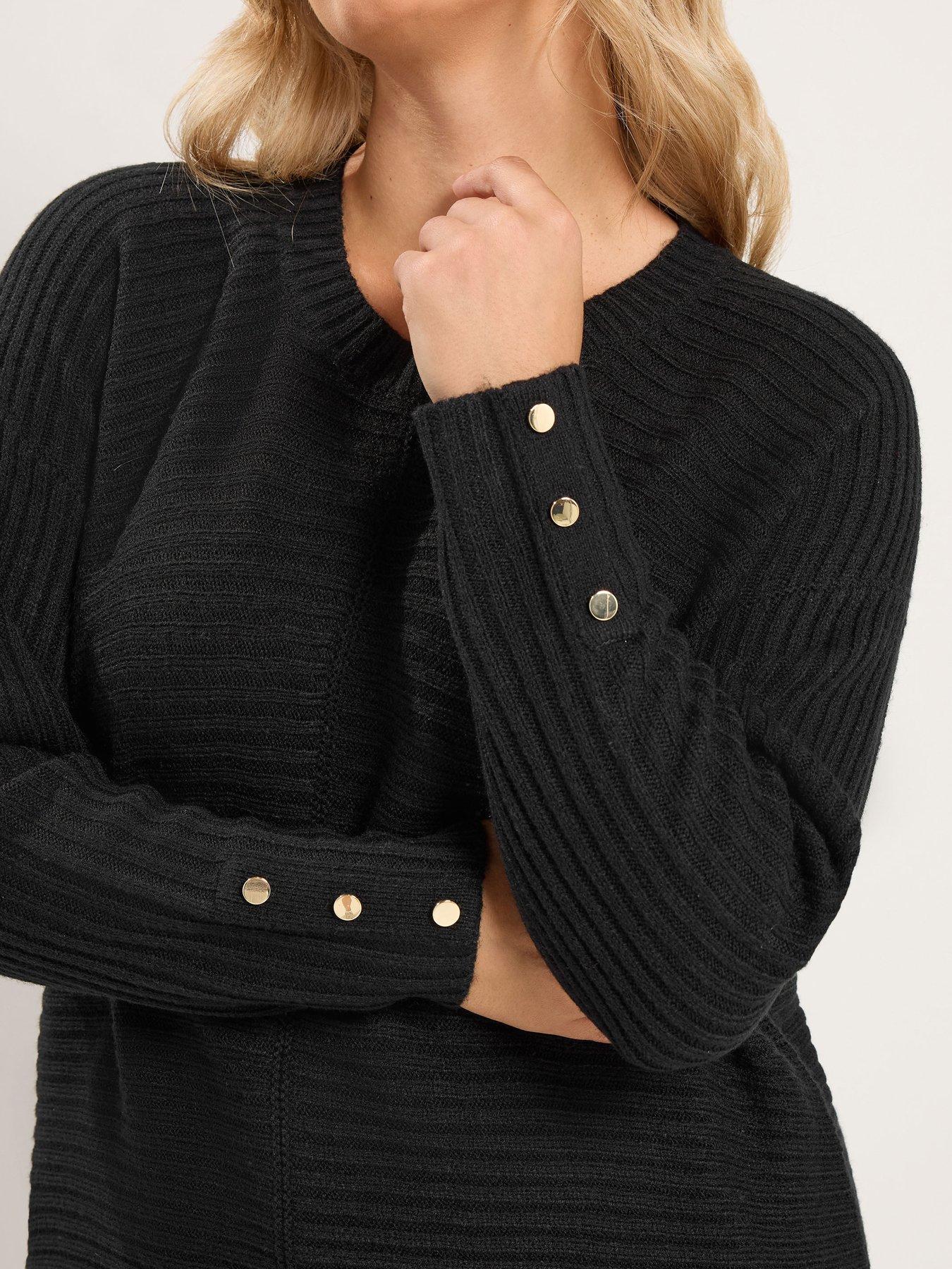 Image 4 of 4 of Yours Womens Curve Rib Knit Button Cuff Longline Jumper - Black