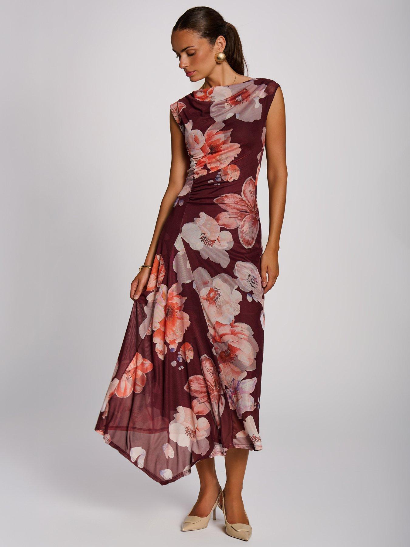 Image 5 of 6 of Jolie Moi Womens Draped Mesh Asymmetric Maxi Dress - Red
