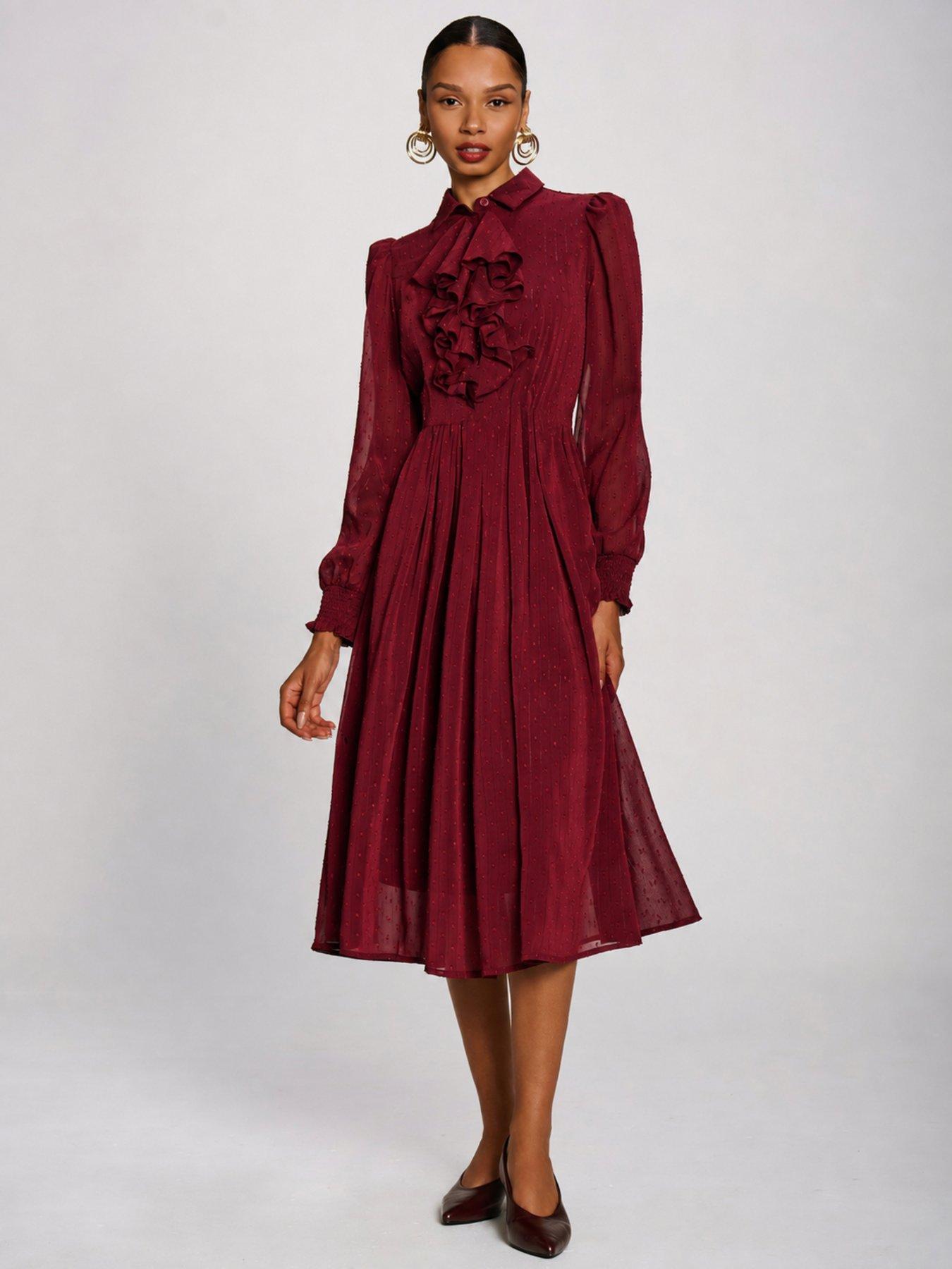 Image 1 of 7 of Jolie Moi Textured Chiffon Long Sleeve Shirt Dress