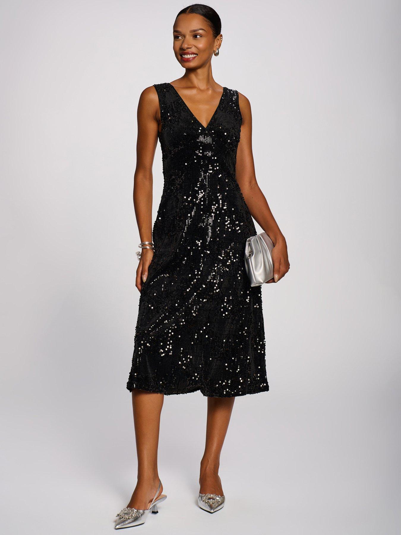 Image 1 of 7 of Jolie Moi Womens Sequin Embellished Velvet V-Neck Midi Dress - Black