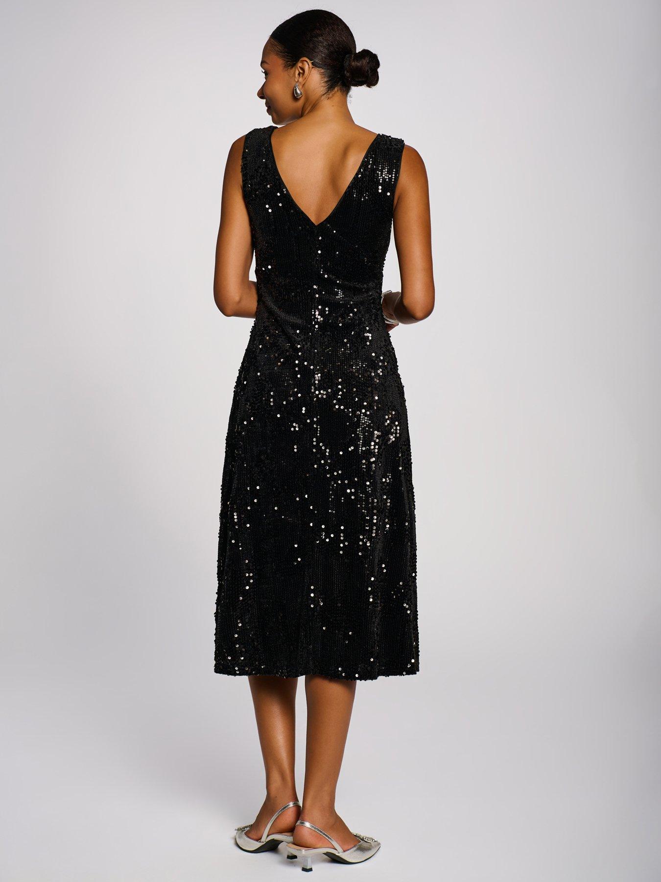 Image 2 of 7 of Jolie Moi Womens Sequin Embellished Velvet V-Neck Midi Dress - Black
