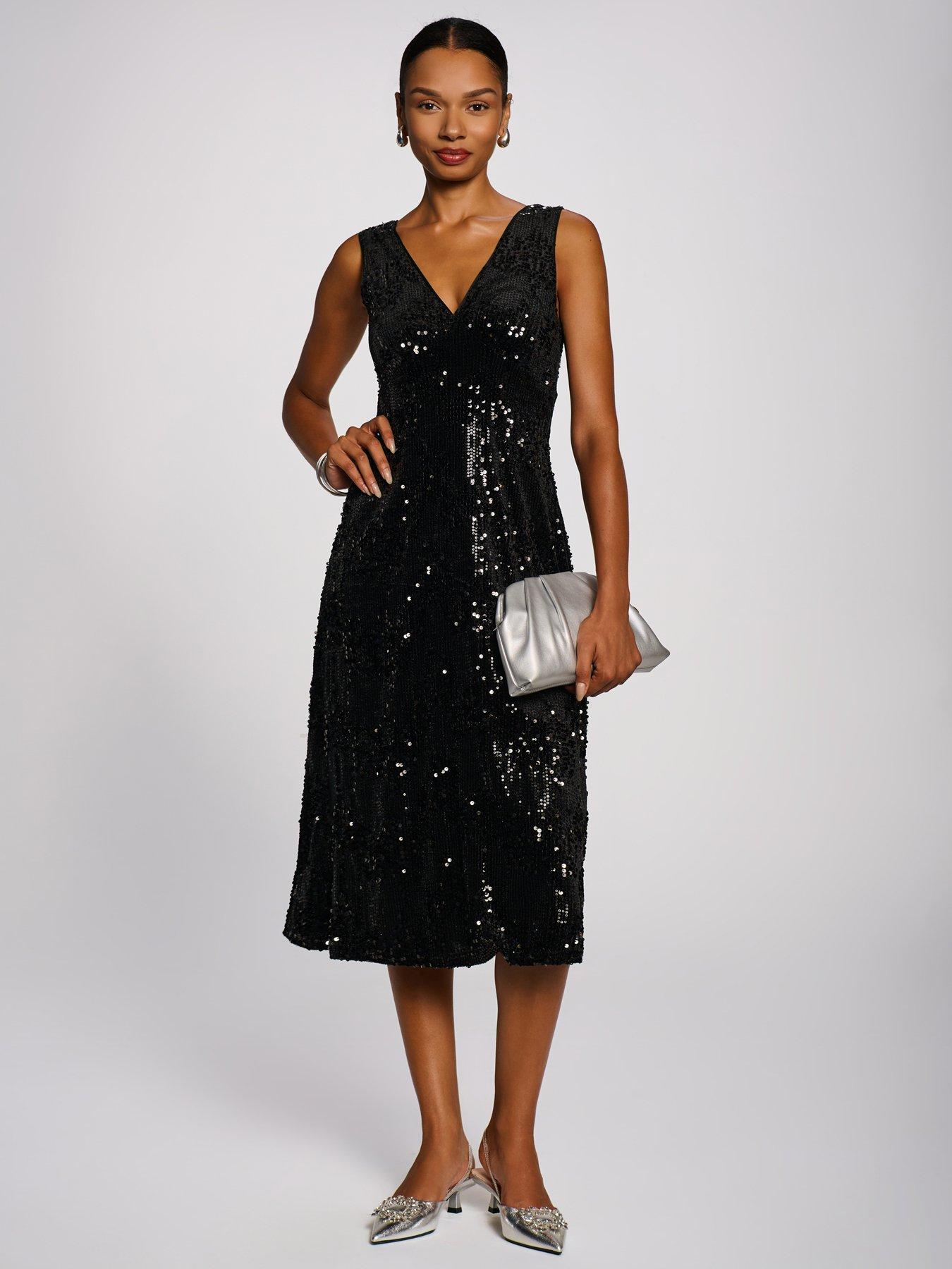 Image 3 of 7 of Jolie Moi Womens Sequin Embellished Velvet V-Neck Midi Dress - Black