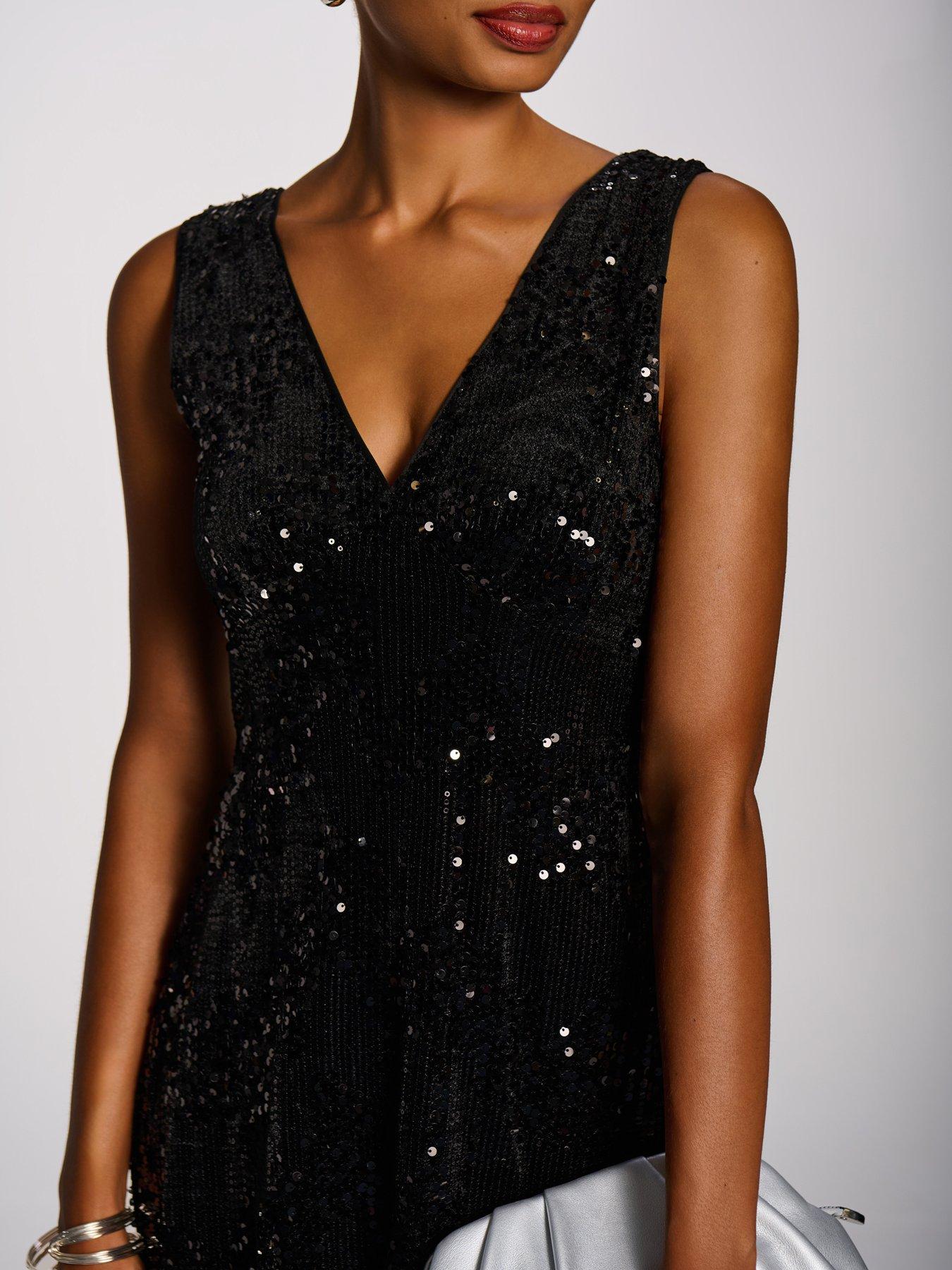 Image 4 of 7 of Jolie Moi Womens Sequin Embellished Velvet V-Neck Midi Dress - Black