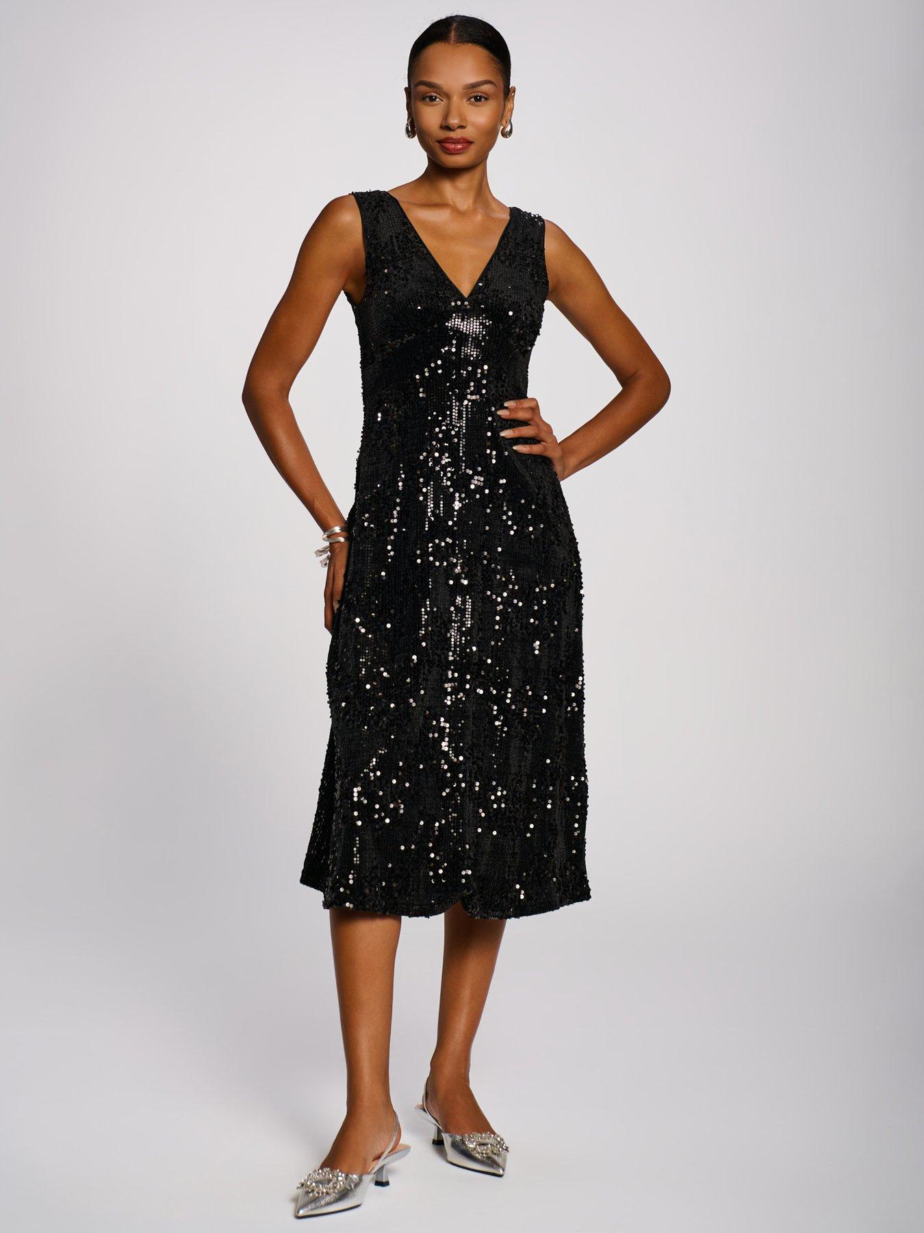 Image 5 of 7 of Jolie Moi Womens Sequin Embellished Velvet V-Neck Midi Dress - Black