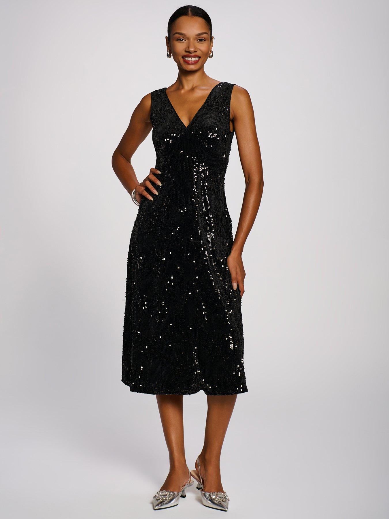 Image 6 of 7 of Jolie Moi Womens Sequin Embellished Velvet V-Neck Midi Dress - Black