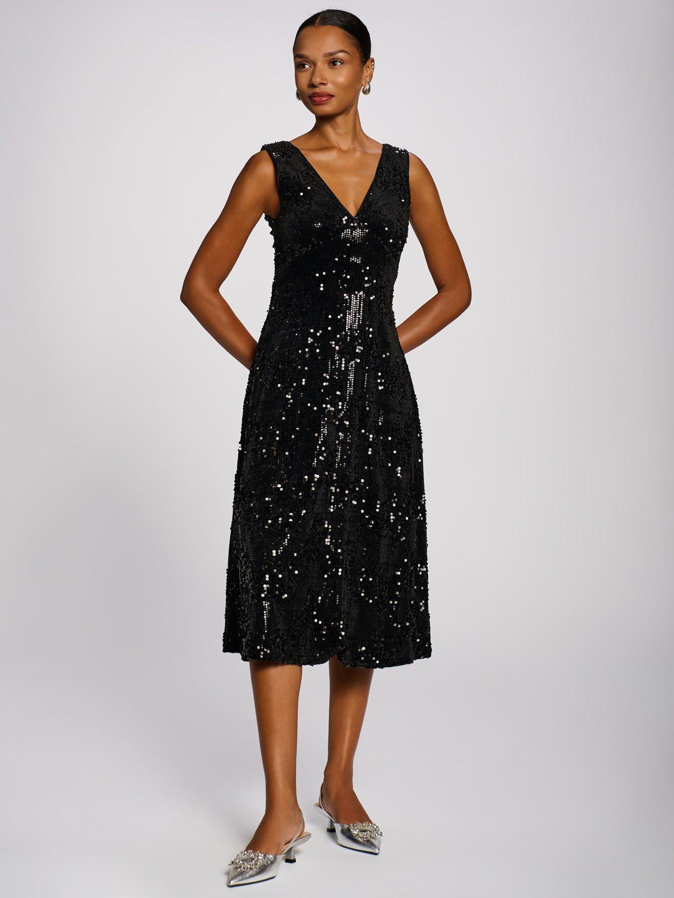Image 7 of 7 of Jolie Moi Womens Sequin Embellished Velvet V-Neck Midi Dress - Black