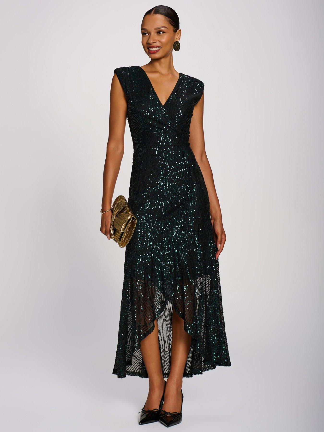 Image 1 of 7 of Jolie Moi Womens Sequin V-neck Maxi Dress - Green