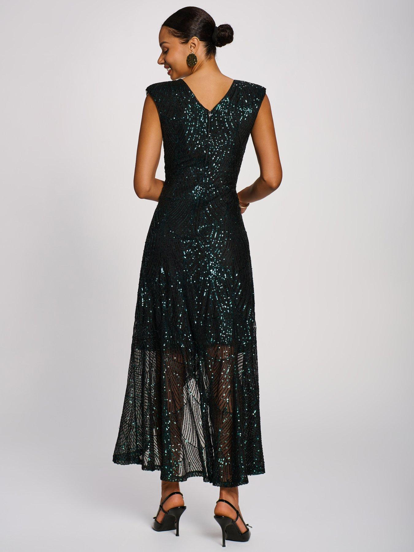 Image 2 of 7 of Jolie Moi Womens Sequin V-neck Maxi Dress - Green