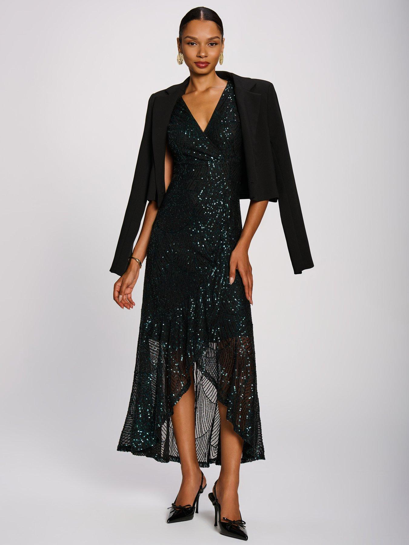Image 3 of 7 of Jolie Moi Womens Sequin V-neck Maxi Dress - Green