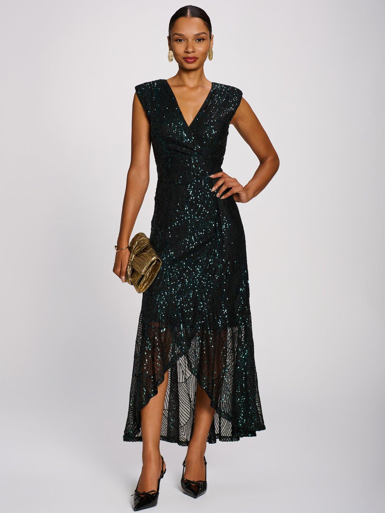 Image 5 of 7 of Jolie Moi Womens Sequin V-neck Maxi Dress - Green