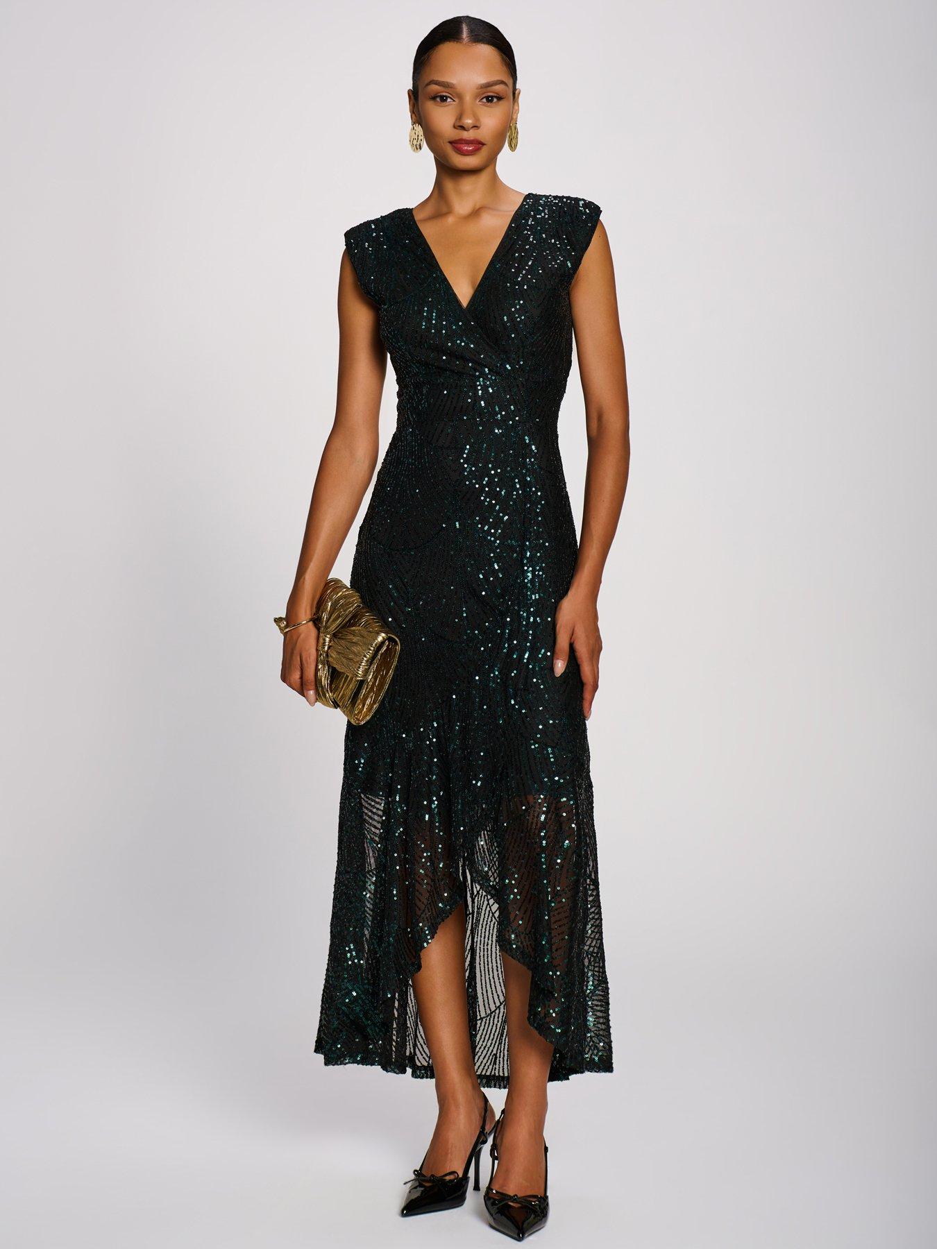 Image 6 of 7 of Jolie Moi Womens Sequin V-neck Maxi Dress - Green