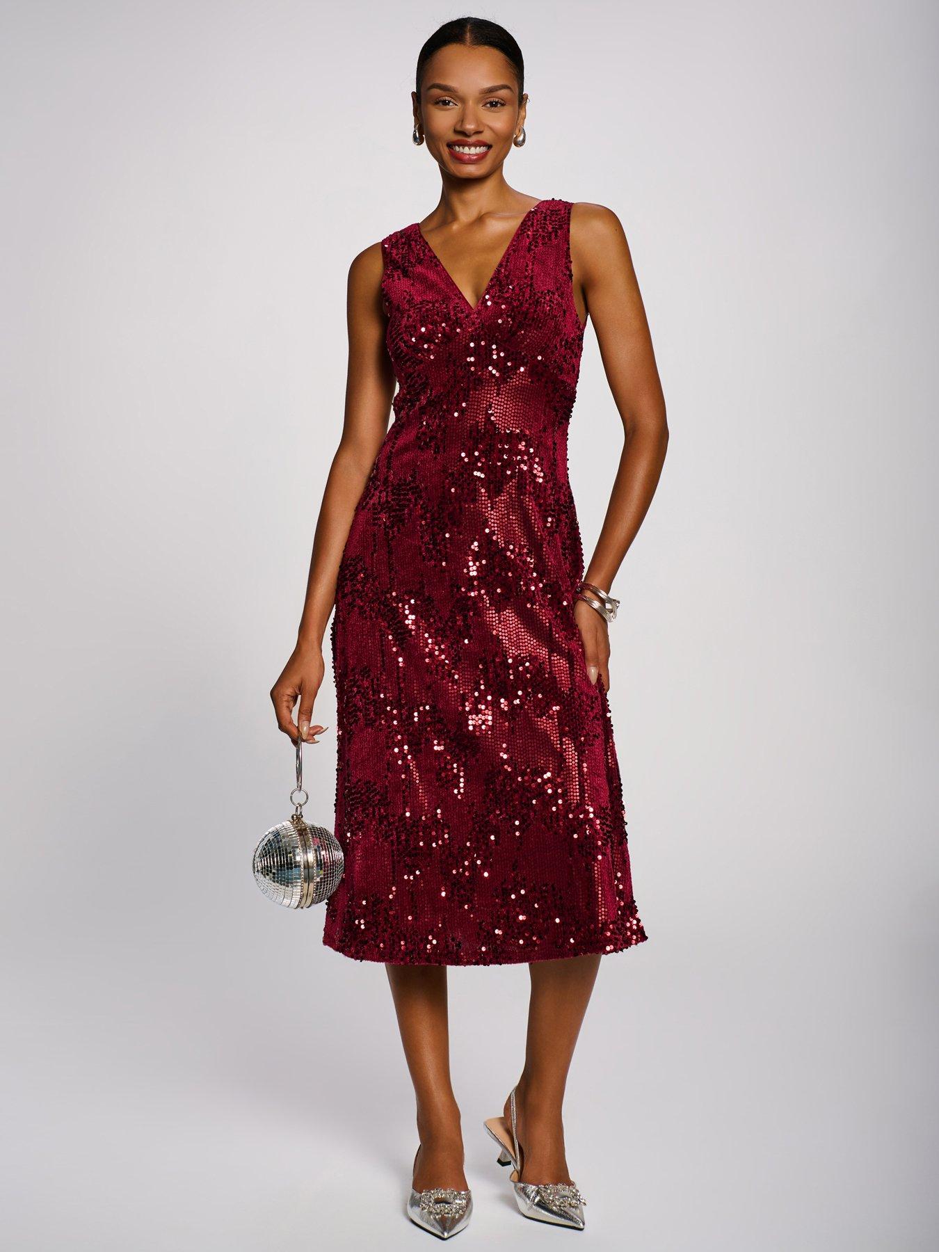 Image 1 of 7 of Jolie Moi Womens V-Neck Sequin Velvet Sleeveless Midi Dress - Pink