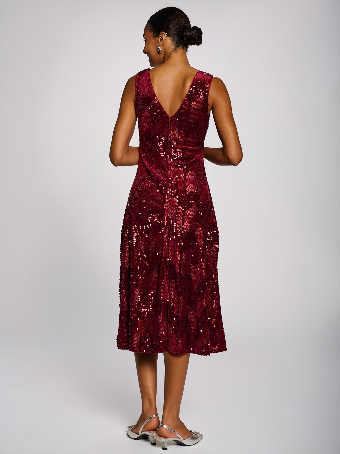 Image 2 of 7 of Jolie Moi Womens V-Neck Sequin Velvet Sleeveless Midi Dress - Pink