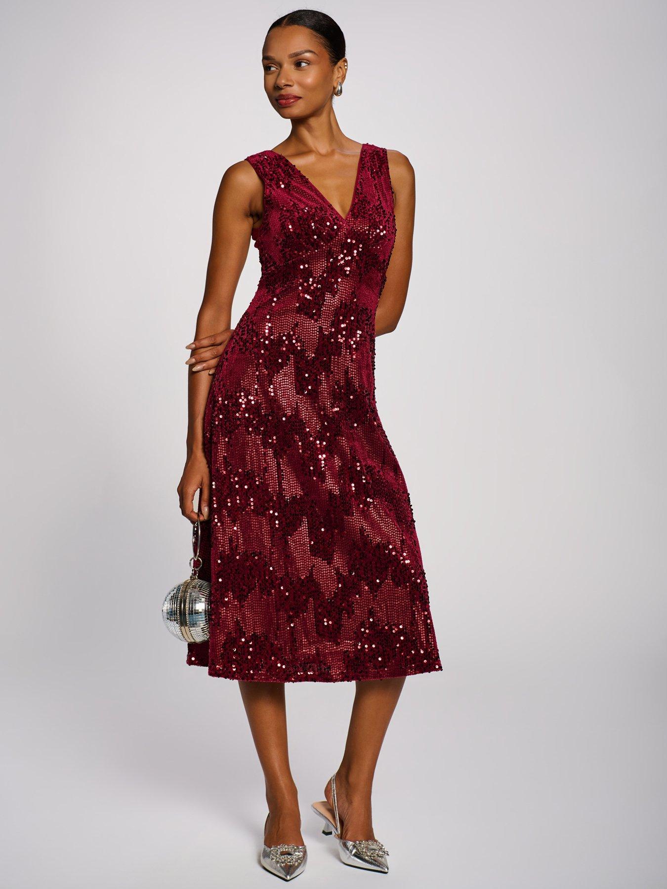 Image 3 of 7 of Jolie Moi Womens V-Neck Sequin Velvet Sleeveless Midi Dress - Pink