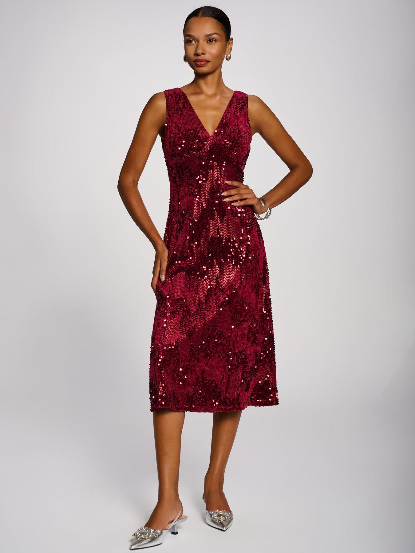 Image 5 of 7 of Jolie Moi Womens V-Neck Sequin Velvet Sleeveless Midi Dress - Pink